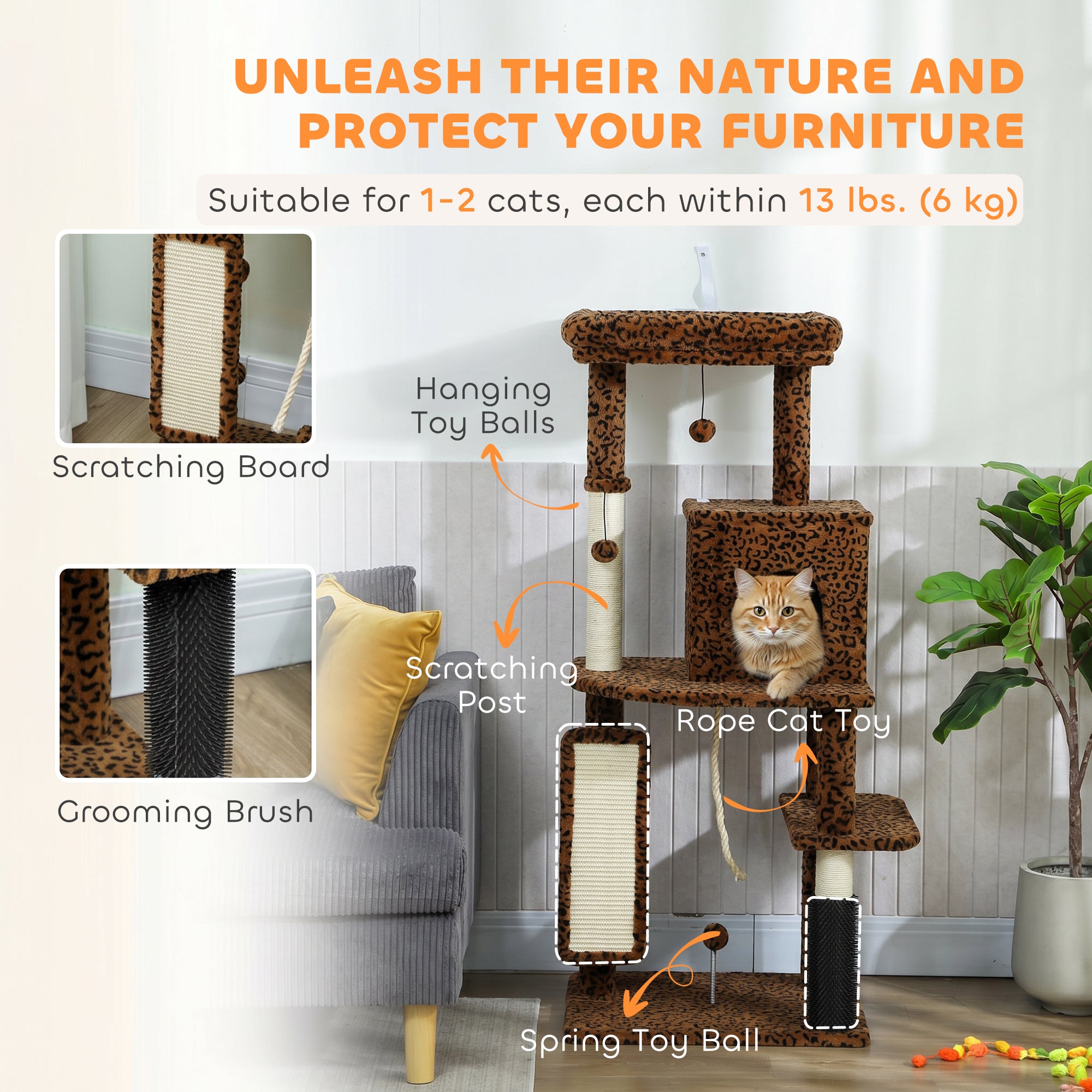 52 Inch Cat Tree with Scratching Posts, Cat Bed, Condo, Jumping Platforms, Toy Balls, Anti-tip Kit