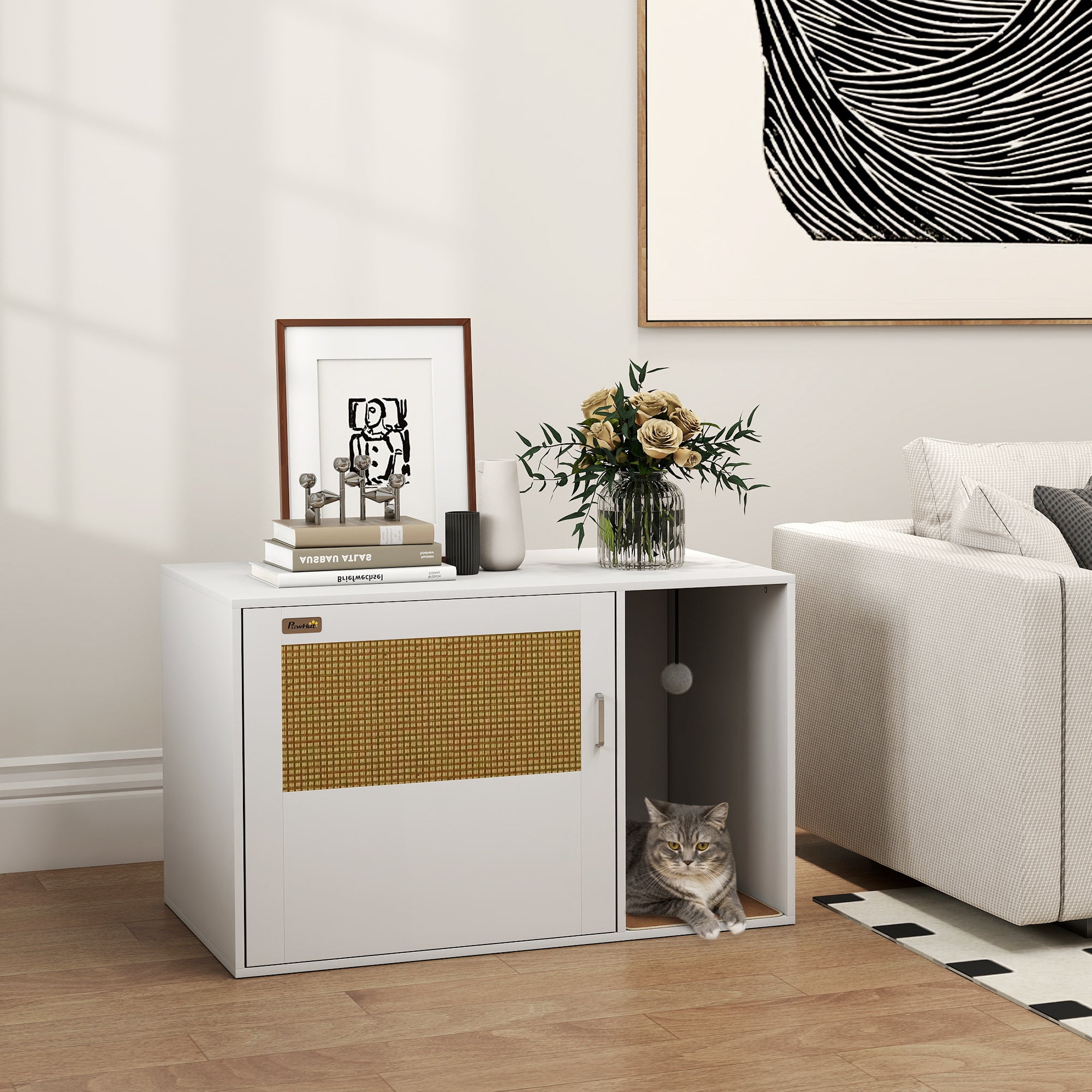 Cat Litter Box Enclosure, Cat Washroom End Side Table with Rattan Door, Scratching Pad, Non-slip Foot Pads, White