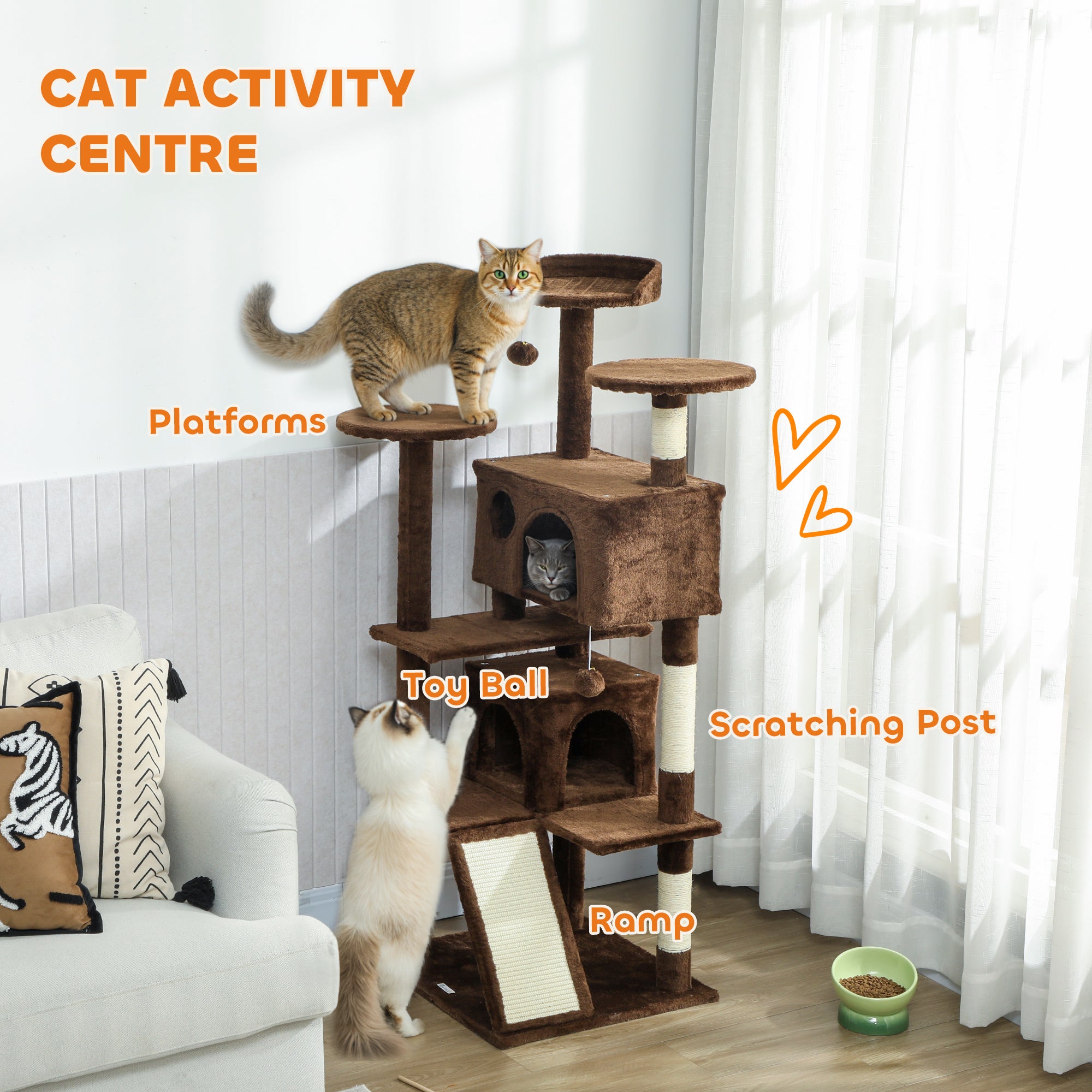 54" Cat Tree, Multi-Level Cat Tower with Scratching Posts, Cat Condos, Bed, Platforms, Ramp, Toy Ball, Light Brown