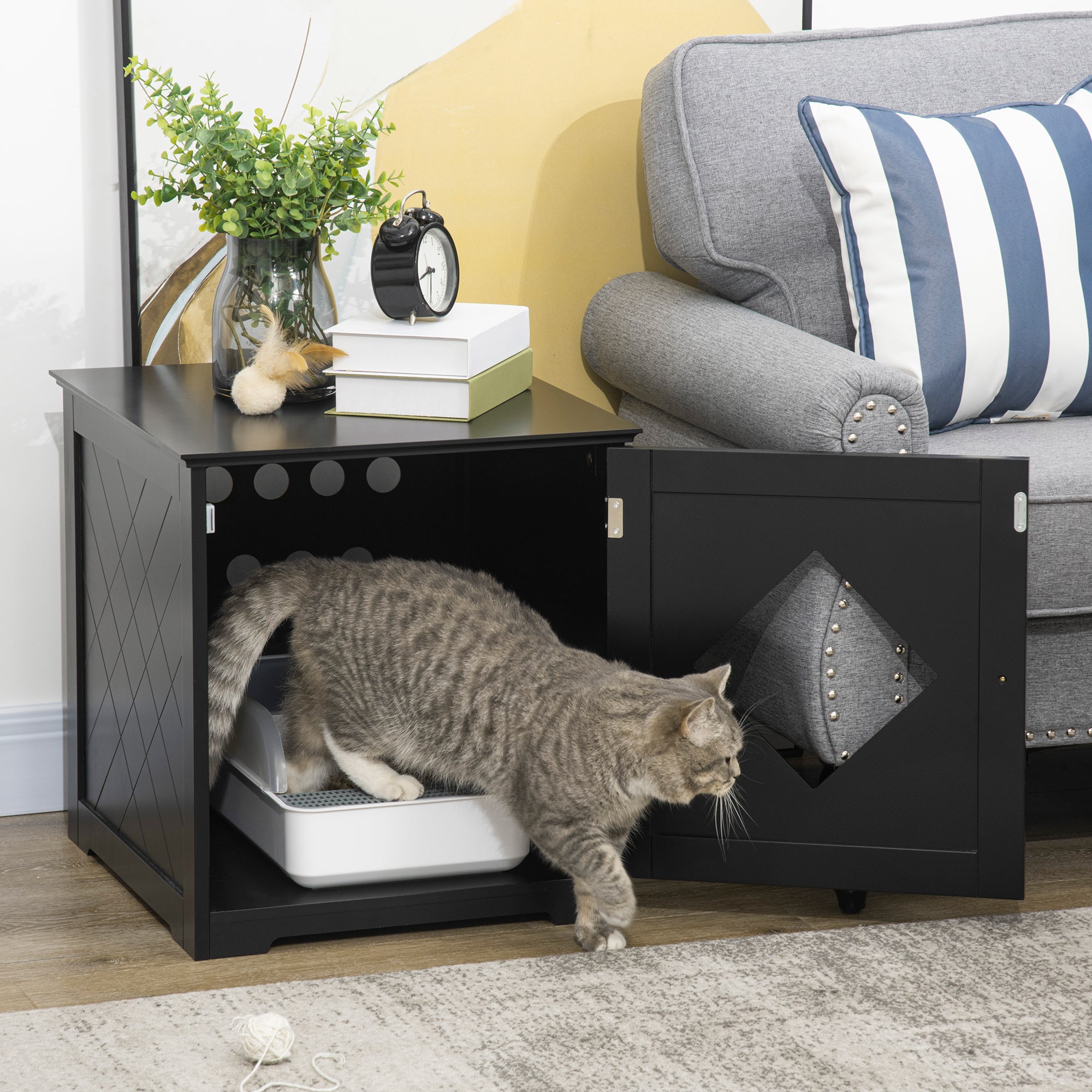 Meuble d’appoint pour bac à litière pour chat, toilettes intérieures pour chat avec porte magnétique, table de chevet dissimulant le bac à litière avec grand plateau, montage facile, noir
