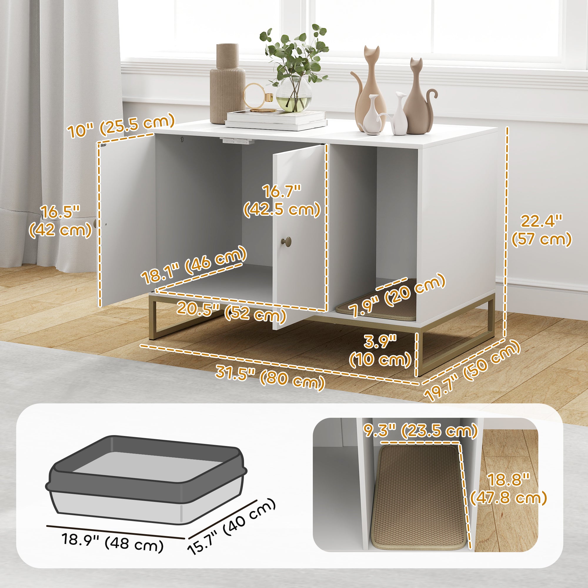 Enclos pour bac à litière pour chat avec pieds hauts, tapis de litière, convient à la plupart des bacs à litière, 31.5" x 20" x 22", blanc