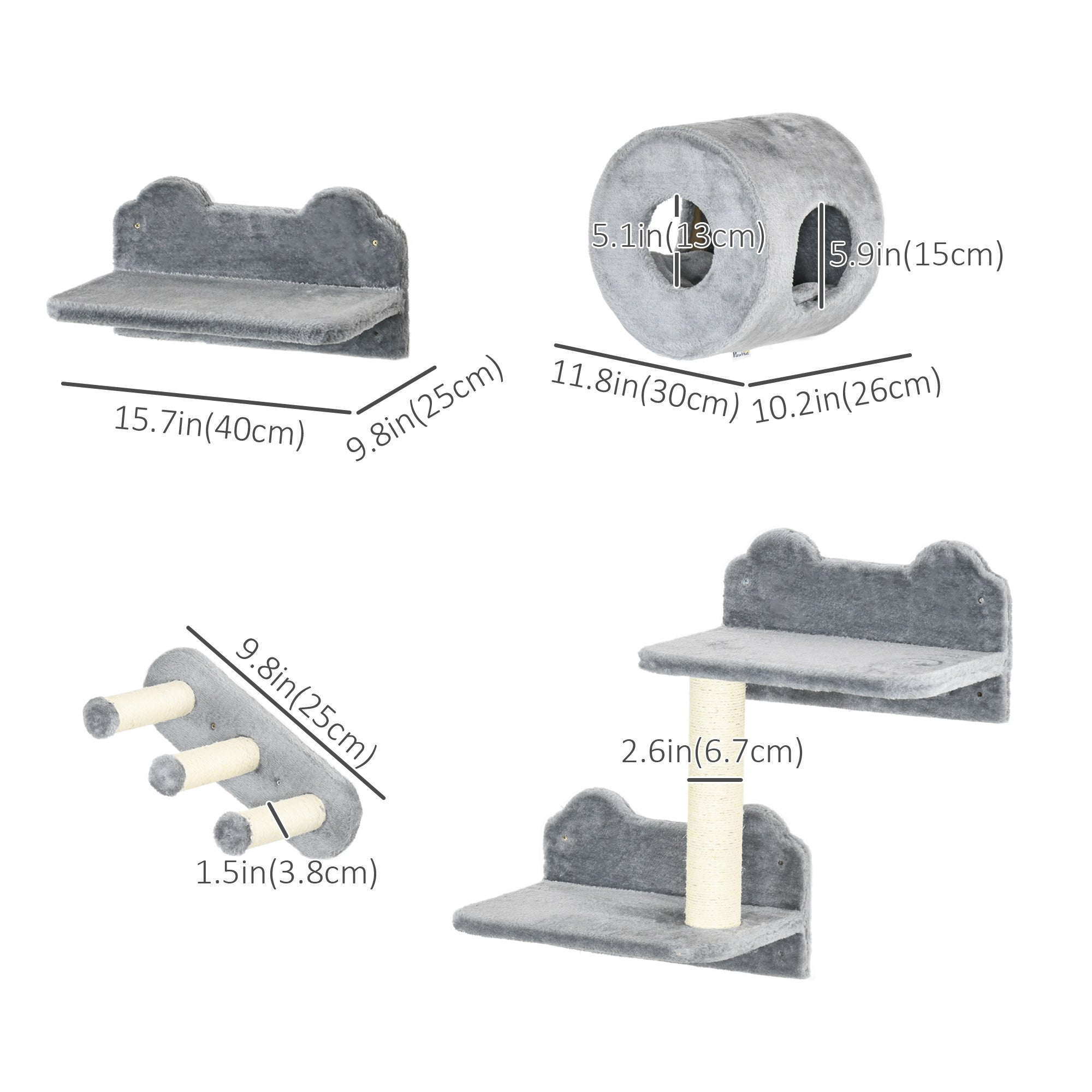 4 PCs 9.3" H Cat Wall Shelves, Pet Wall-mounted Climbing Shelf Set, Kitten Activity Centre with Condo, Cushion, Scratching Post, Jumping Platform, Grey