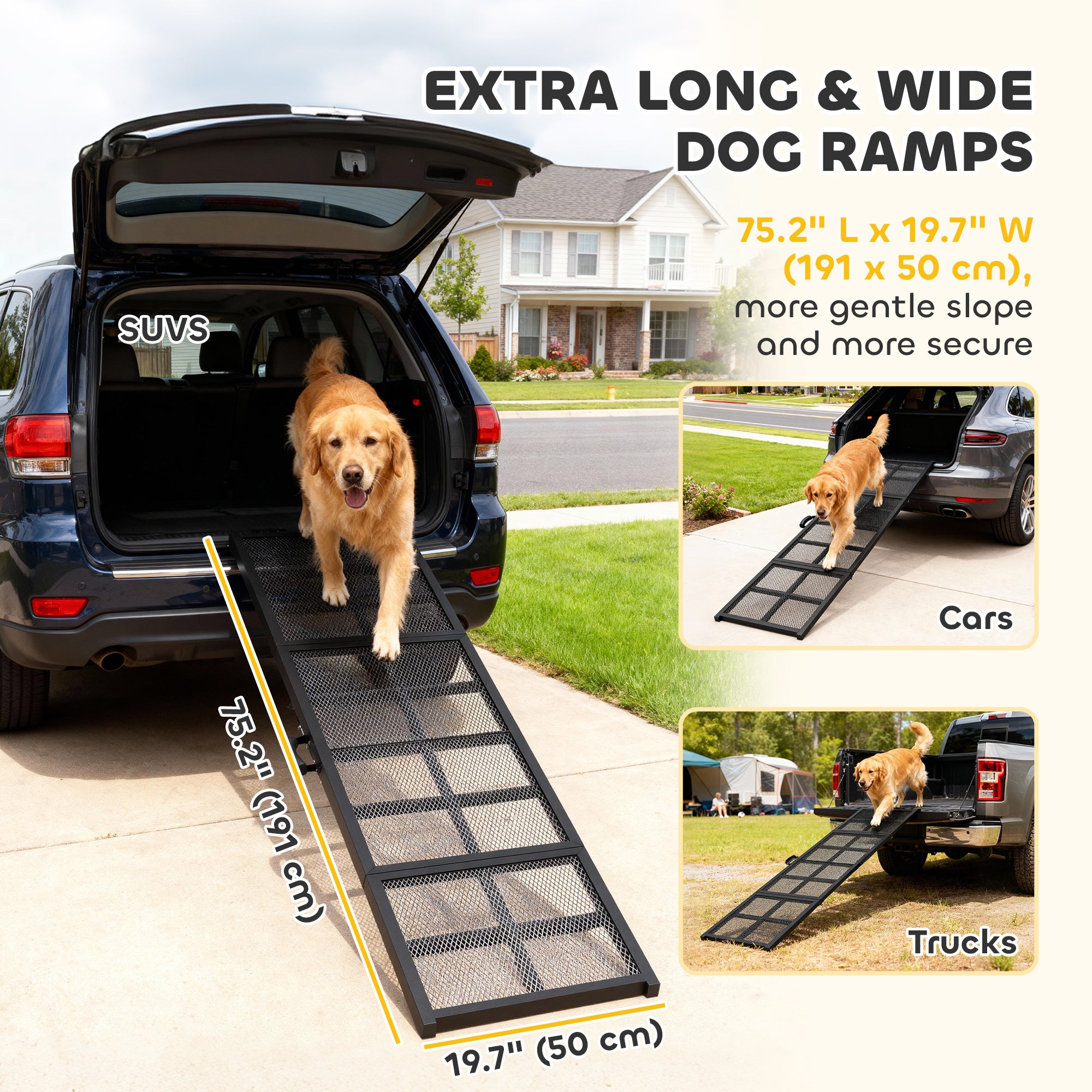 75" Folding & Portable Dog Car Ramp for Large Dogs, Extra Long & Wide, for Car, SUV, Truck, RV, High Bed