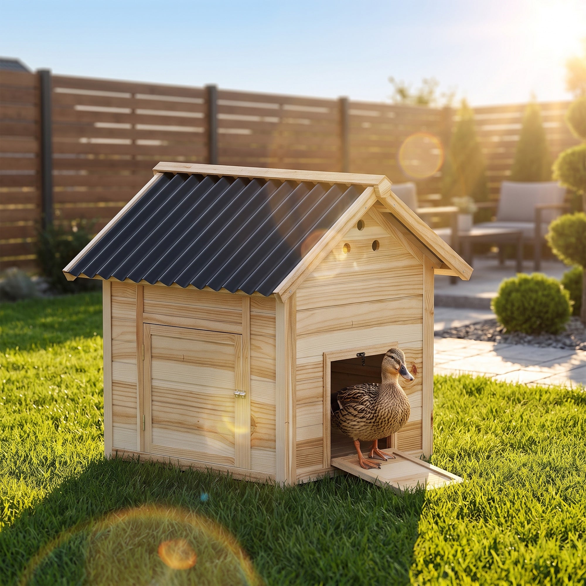 Duck Coop, Wooden Duck House with Openable Roof & Double Doors, Natural Wood