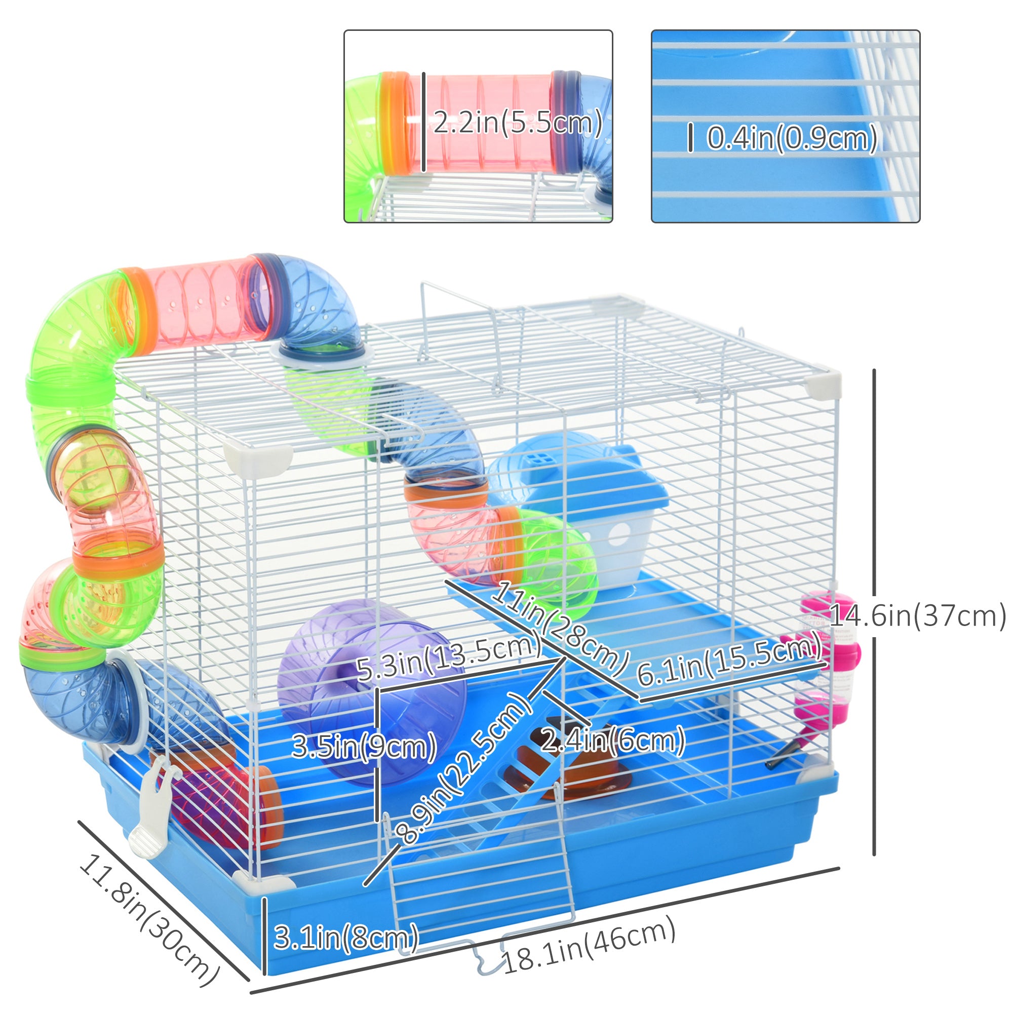 18"L Hamster Cage, Small Animal House, 2-Level Rat Gerbil Haven with Tunnel Tube System, Exercise Wheel, Water Bottle, Food Dish, Ramp, Blue