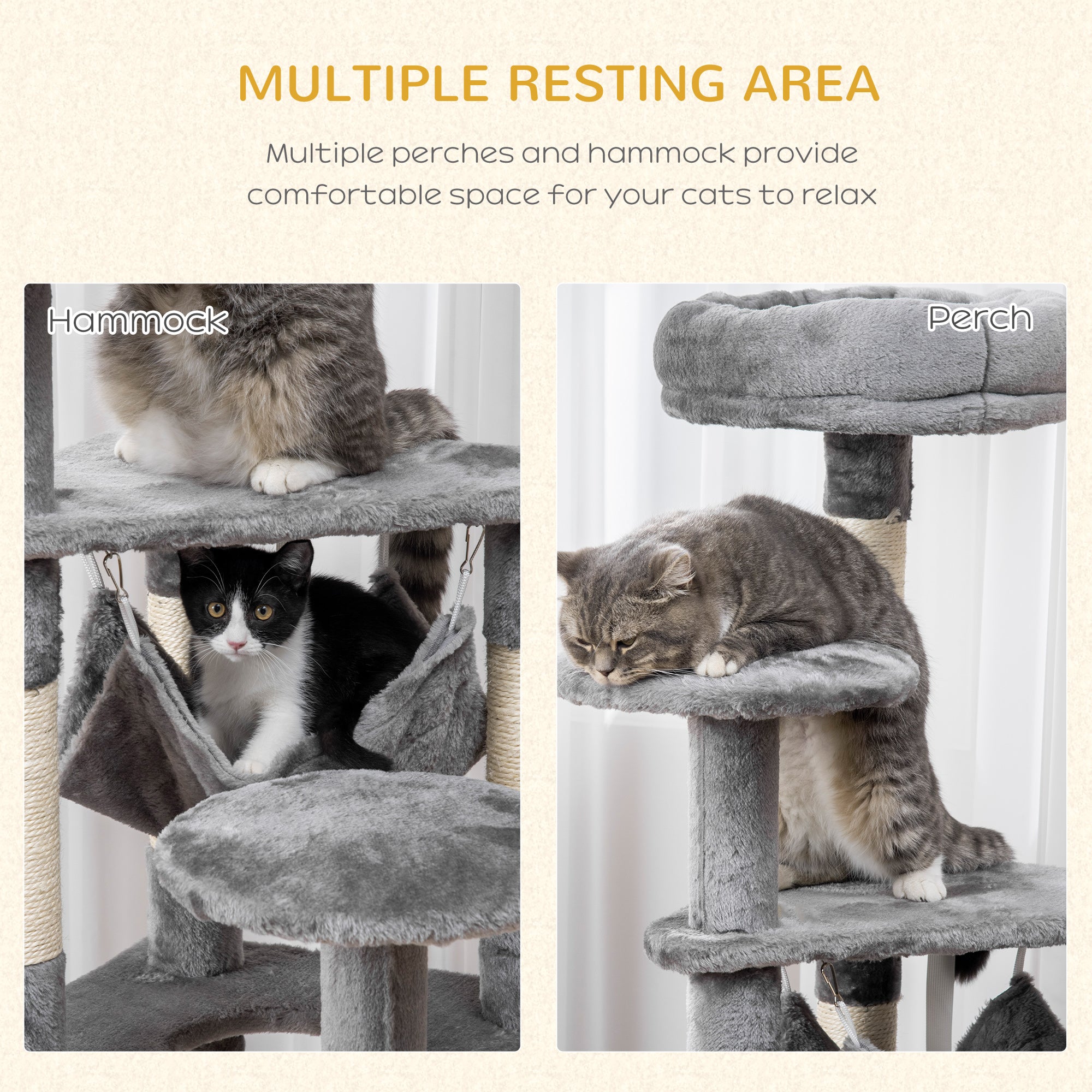 Arbre à chat multi-niveaux de 52", griffoir, centre d’activités et maison de jeu pour chaton avec hamac – gris
