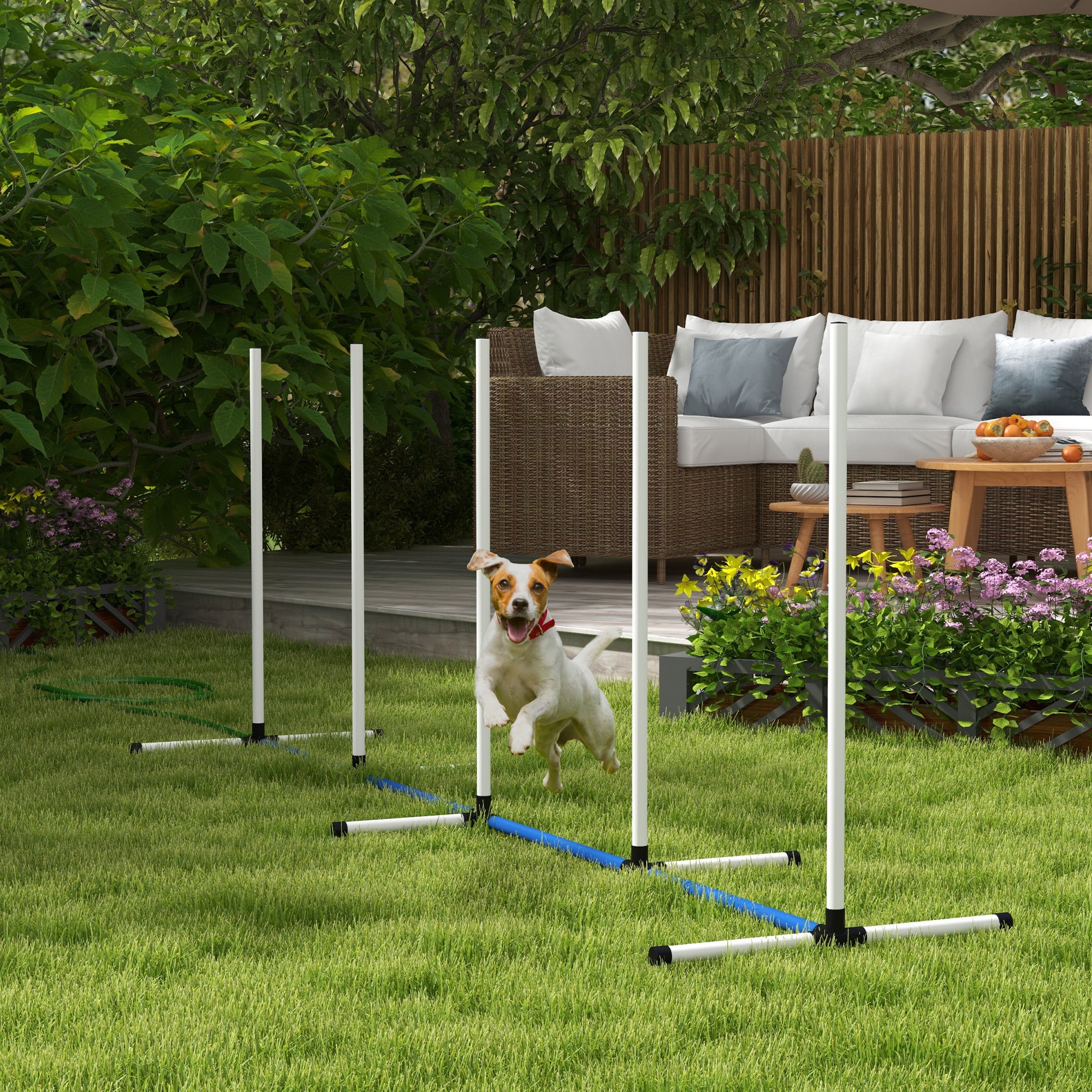 2PCs Dog Agility Kit with Weave Poles, Spray Water Tube, Whistle, Carry Bag, White