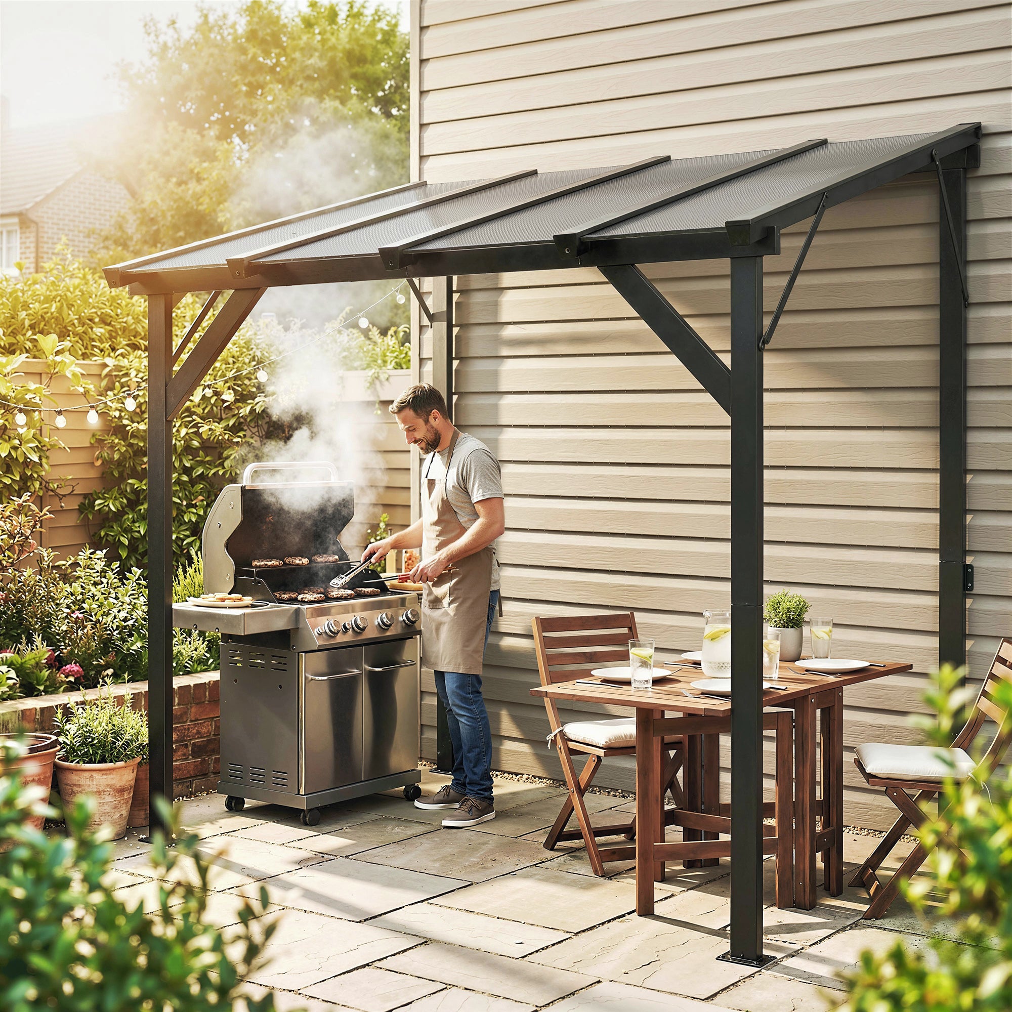 Hardtop Grill Gazebo - Lean-to BBQ Shelter Dark Grey