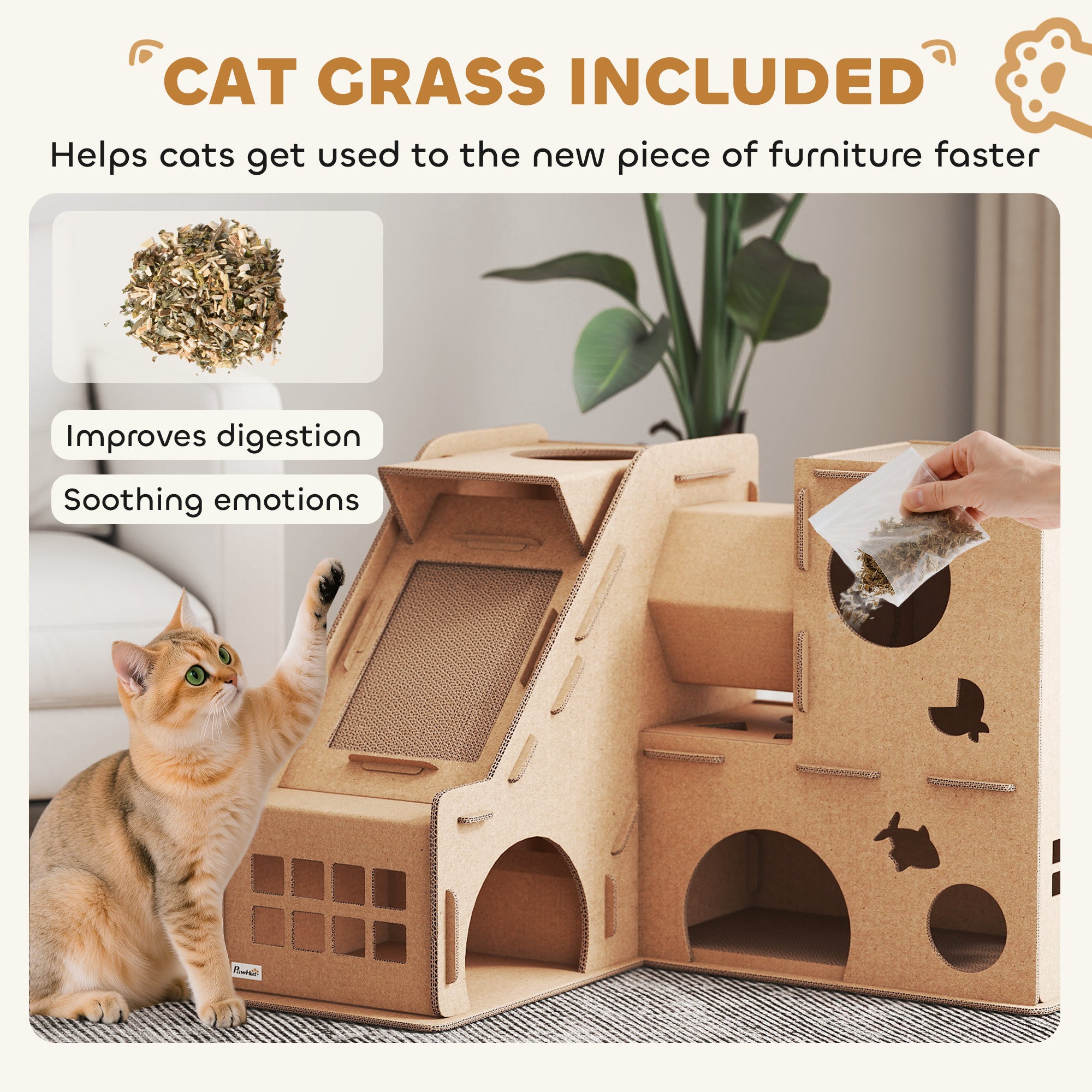Multi-Level Cardboard Cat House, Corrugated Cardboard Play Condo with Scratching Pads for Indoor Kittens