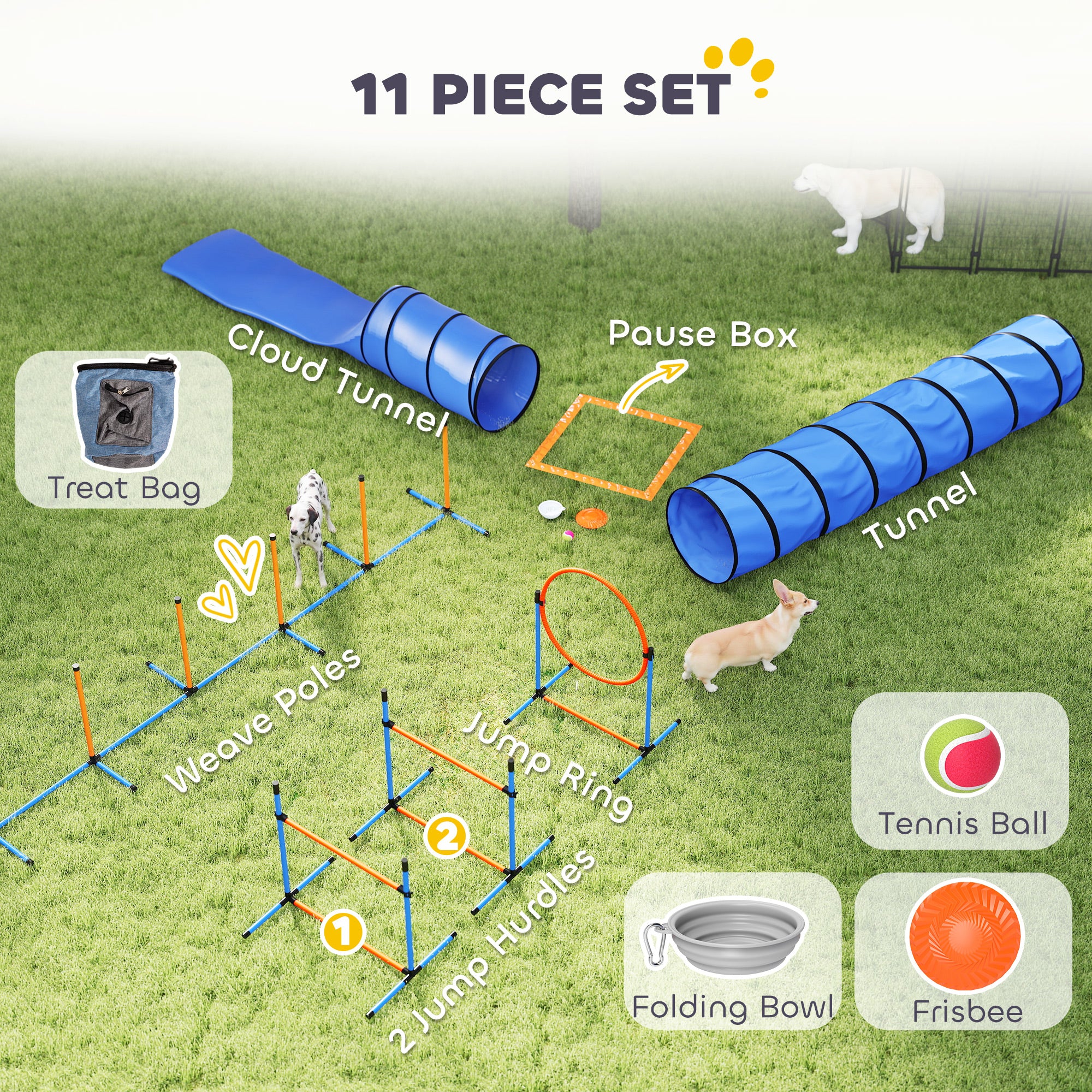 13-Piece Dog Agility Training Equipment Set, Pet Obstacle Course with 2 Tunnels, Adjustable Jumps, Orange Blue