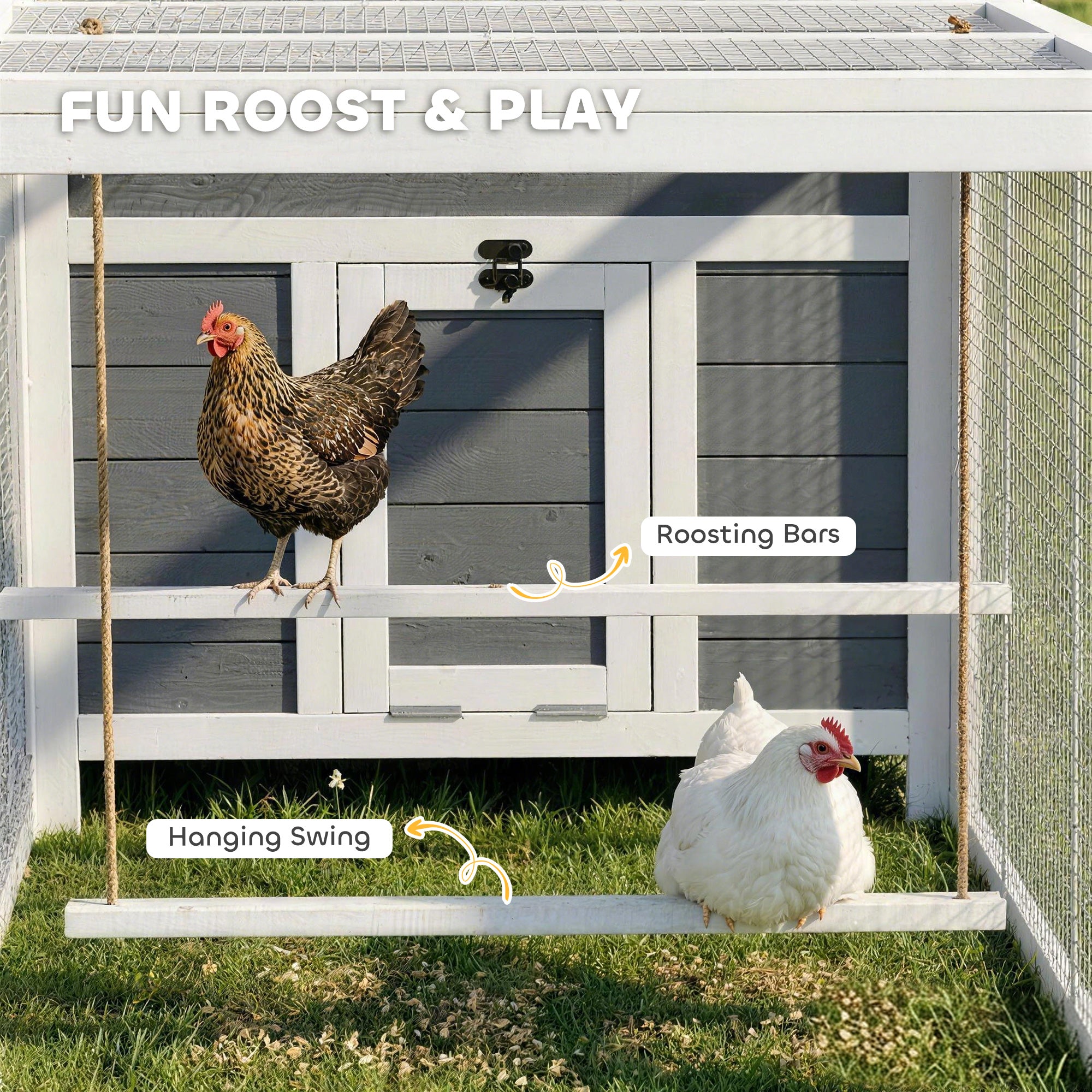 118"L Chicken Coop, Large Wooden Hen House with Run, Pull-Out Tray, Waterproof Roof, Nesting Box, Swing, Roosting Bars