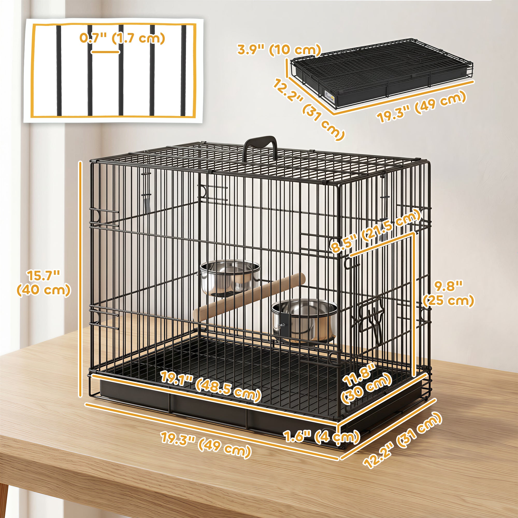 Bird Cage Portable w/ Slide-Out Tray Travel Cage for Parakeets w/ Perch & Food Bowls Black