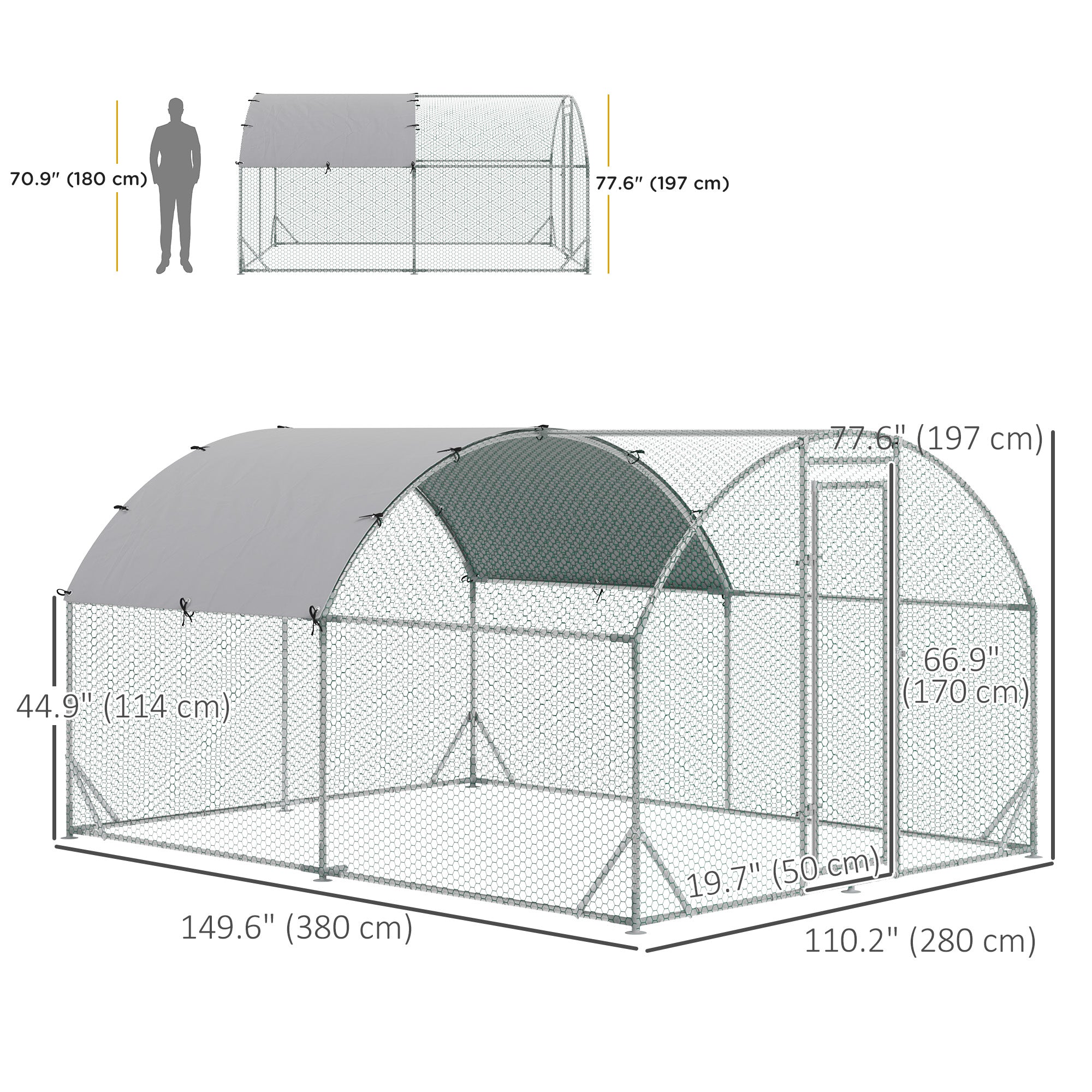 Grand poulailler en métal galvanisé avec cage, enclos accessible, parcours pour volailles, maison pour poules, parc de jeu et clapier avec couverture pour extérieur et jardin, 9.2' x 12.5' x 6.5', argenté