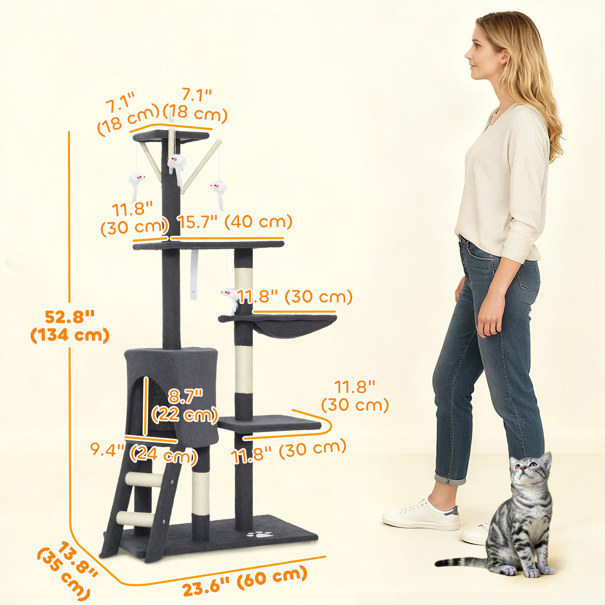 53" Cat Tree Tower, Kitten Activity Centre with Scratching Posts, Condo, Perches, Ladder, Hammock, Dangling Toys, Dark Grey