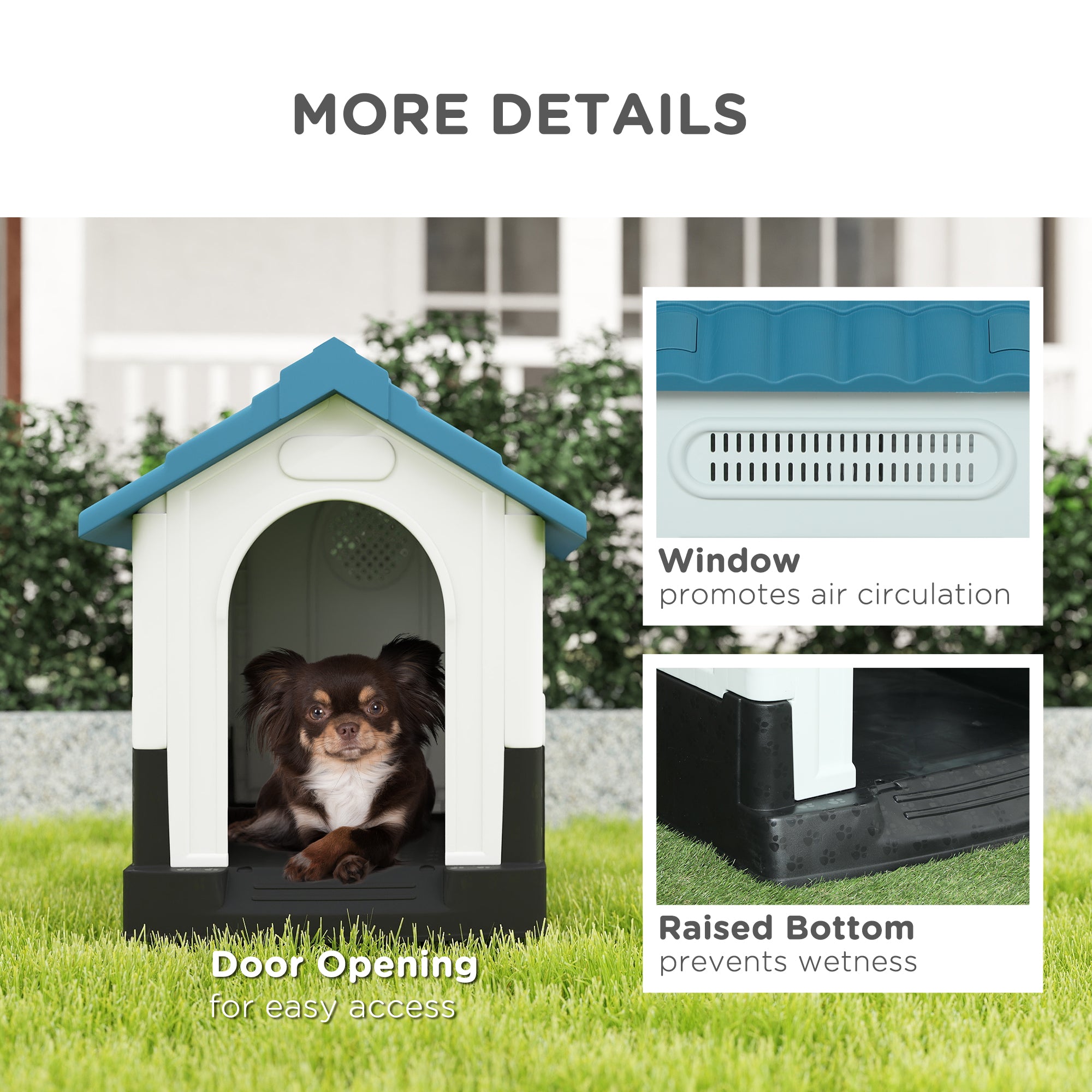 Niche extérieure pour chien avec fenêtres et support de base, pour jardin ou patio, petits chiens, 64,5 x 57 x 66 cm, bleue