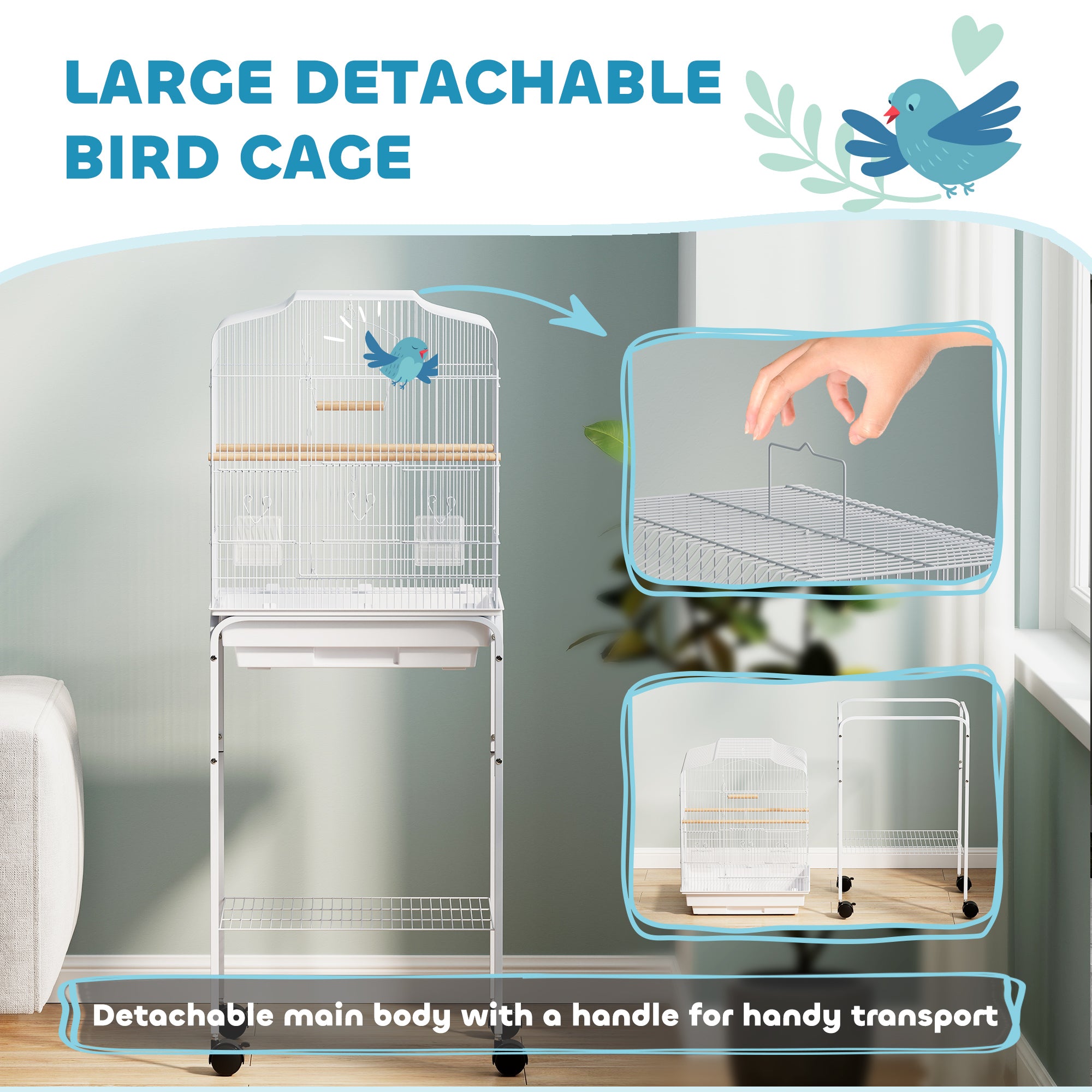49" Rolling Bird Cage Cockatoo House Play Top Finch Pet Supply with Storage Shelf, Wheels - White