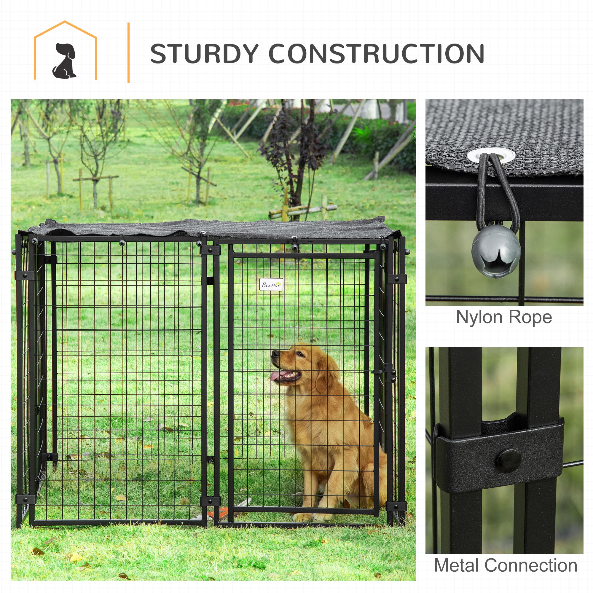Chenil extérieur pour chien, parc-cage verrouillable pour animal avec couverture supérieure, noir