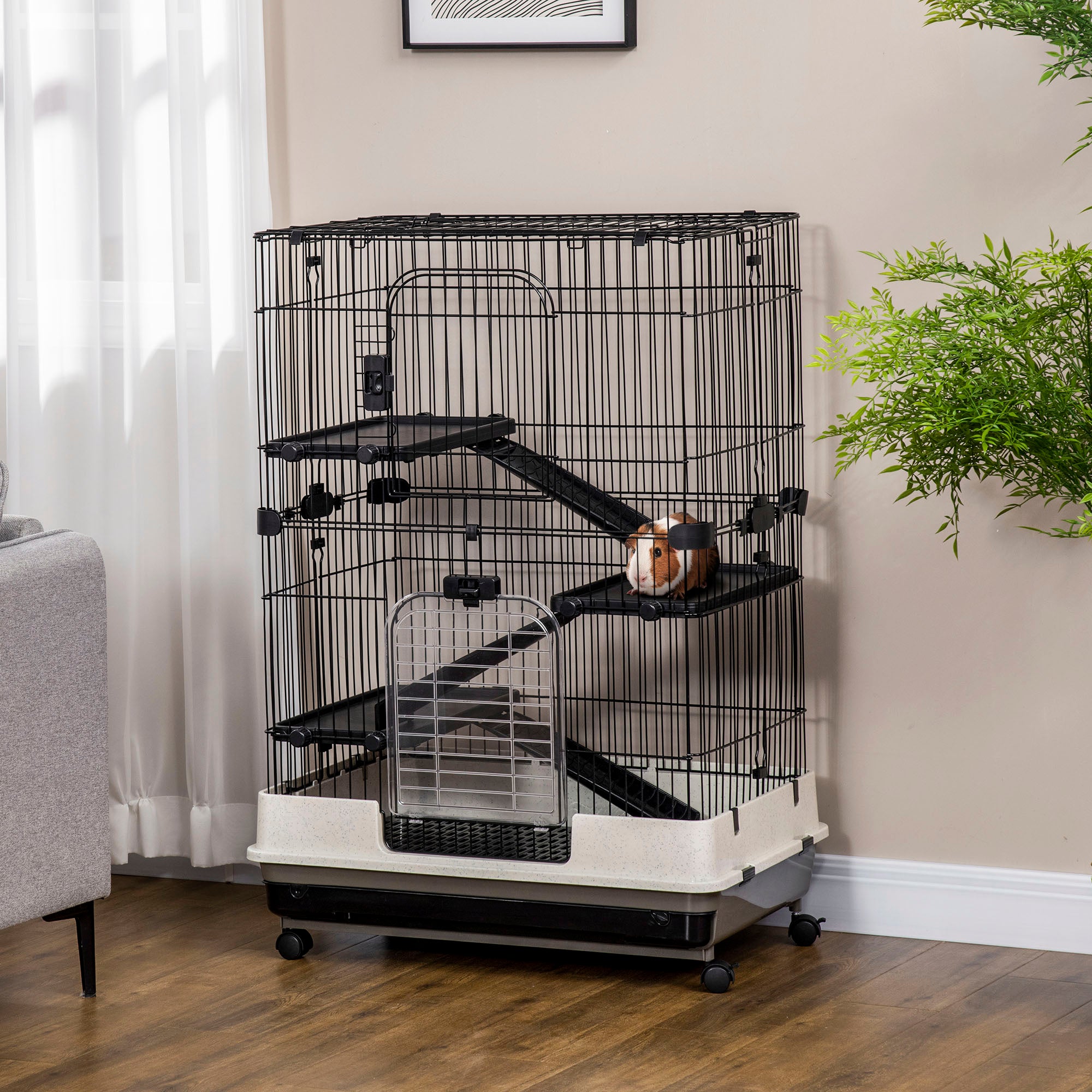 45"H Guinea Pig Cage, 4-Level Rabbit Cage for Ferret, Chinchilla, Hedghog, Bunny, Small Animal Habitat with Wheels, Slide-out Tray, Ramp, Black