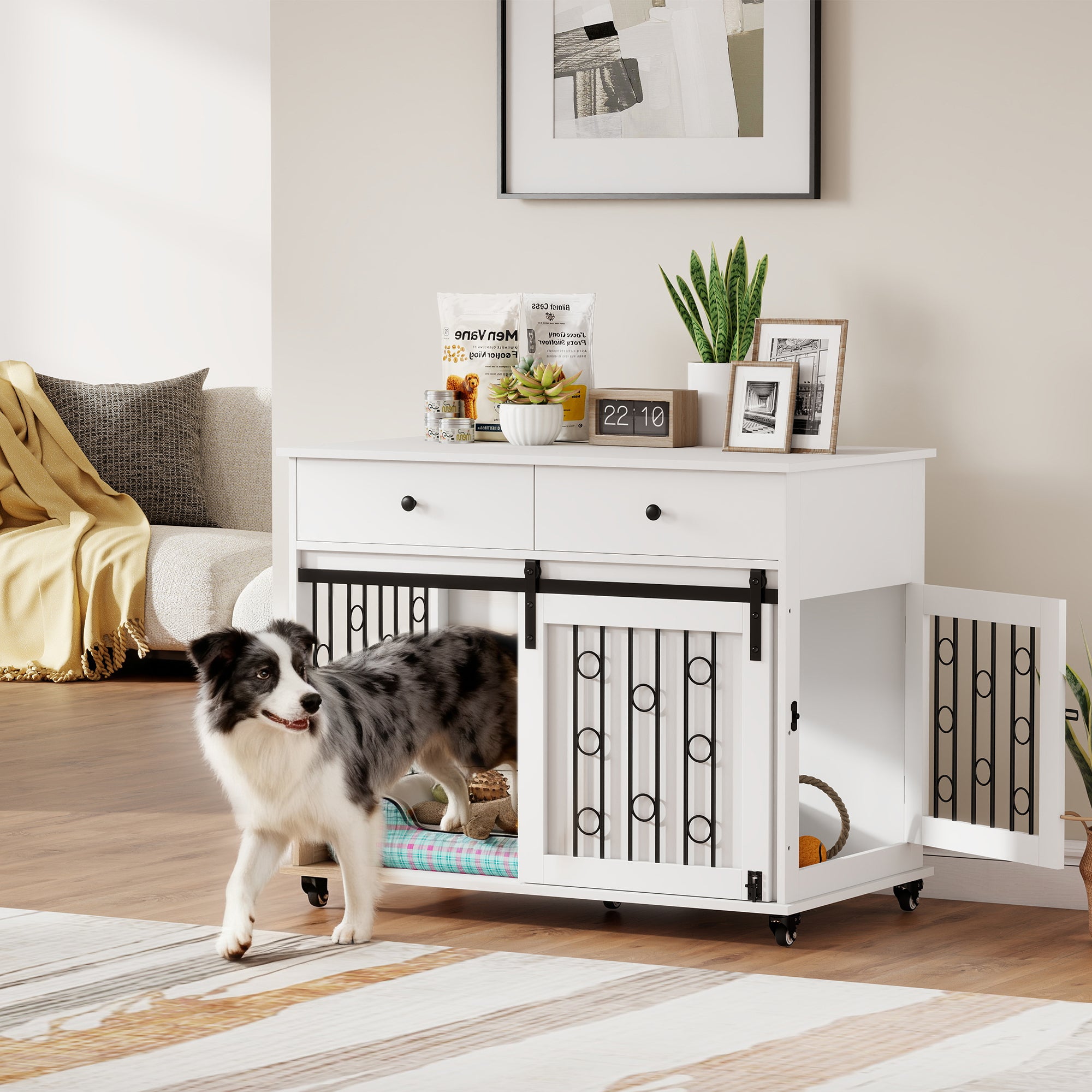 39" Dog Crate Furniture, Dog Kennel Indoor with 2 Drawers, Wheels, Sliding Door, Dog Cage for Medium Large Dogs, Oak