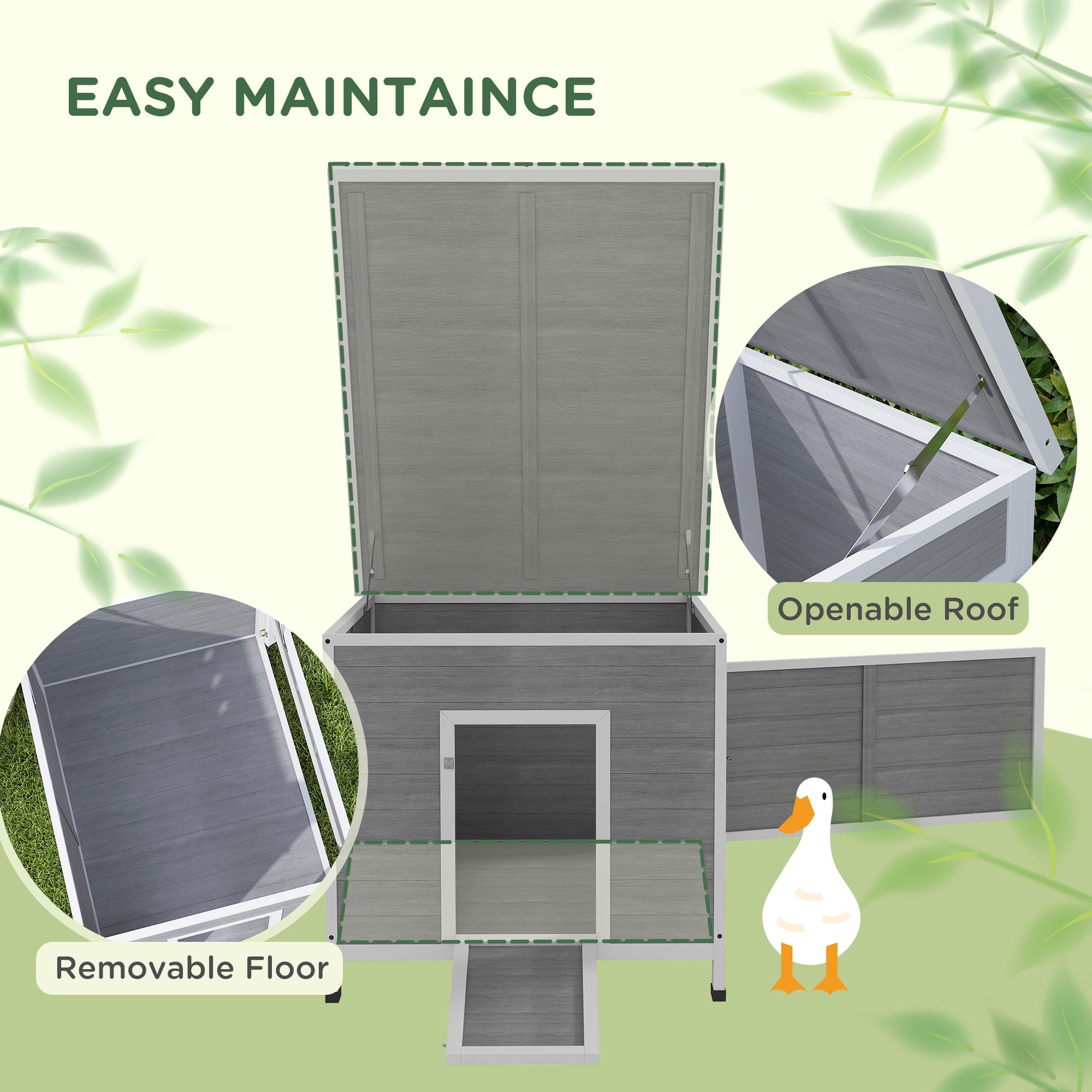 Duck Coop, Wooden Chicken House Rabbit Hutch with Openable Roof, Removable Floor, Double Doors, Ramp, Grey