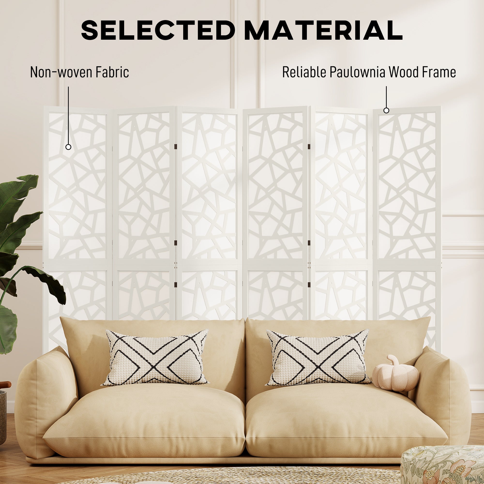 6 Panel Room Divider, 5.6 FT Lightweight Folding Privacy Screen with Geometric Pattern for Living Room, Bedroom, White