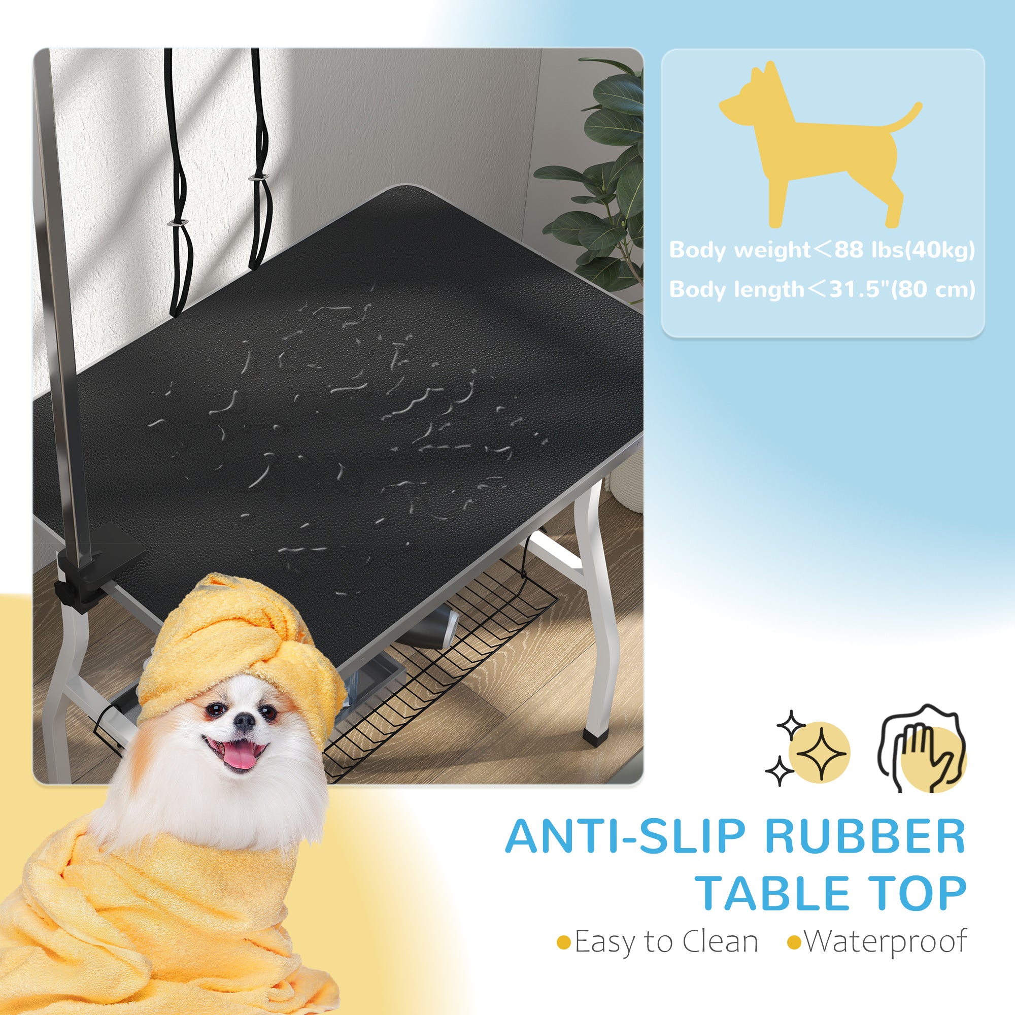 Dog Grooming Table w/ Adjustable Arm, Mesh Tray,  Two Nooses, Rubber Surface, 35" x 24" x 61", Black