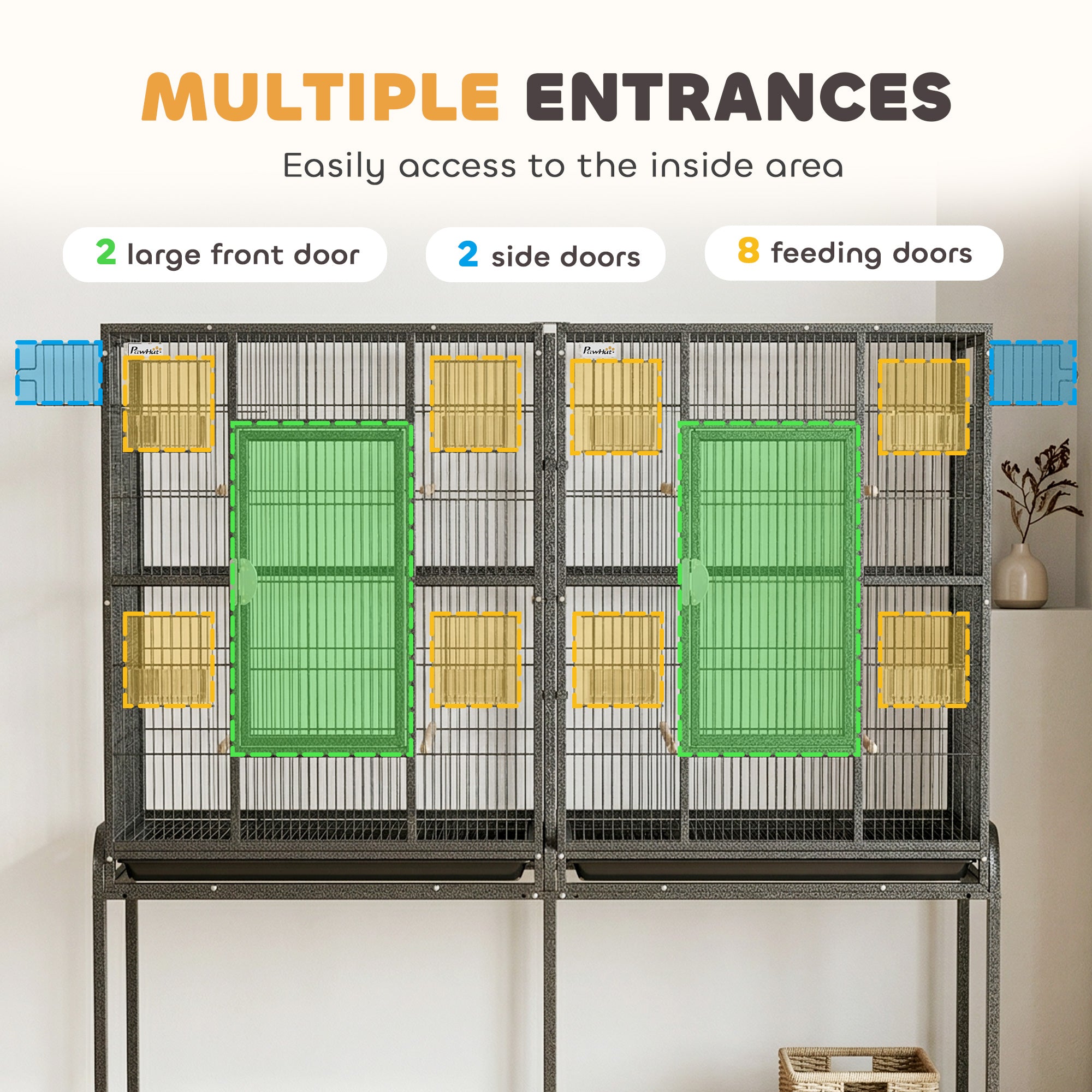 56"H Bird Cage, Parrot Cage w/ Detachable Rolling Stand, Removable Tray, Storage Shelf, Perches, Food Container