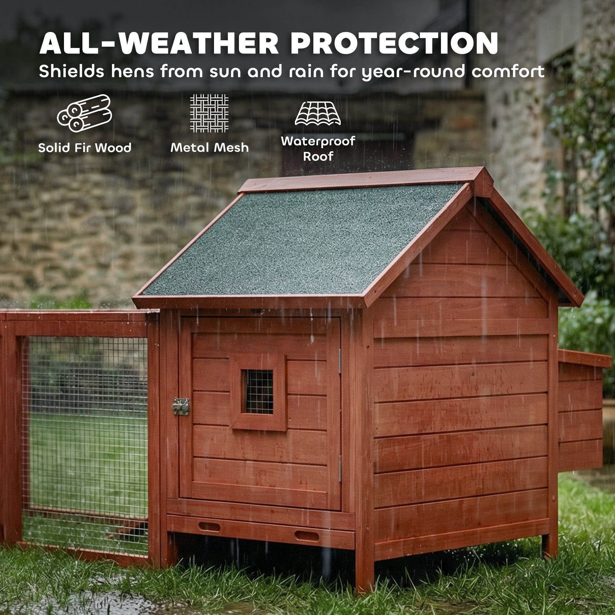 72" Chicken Coop, Wooden Hen House for 2 Chickens, Poultry Cage with Run, Nesting Box, Removable Tray, Waterproof Roof