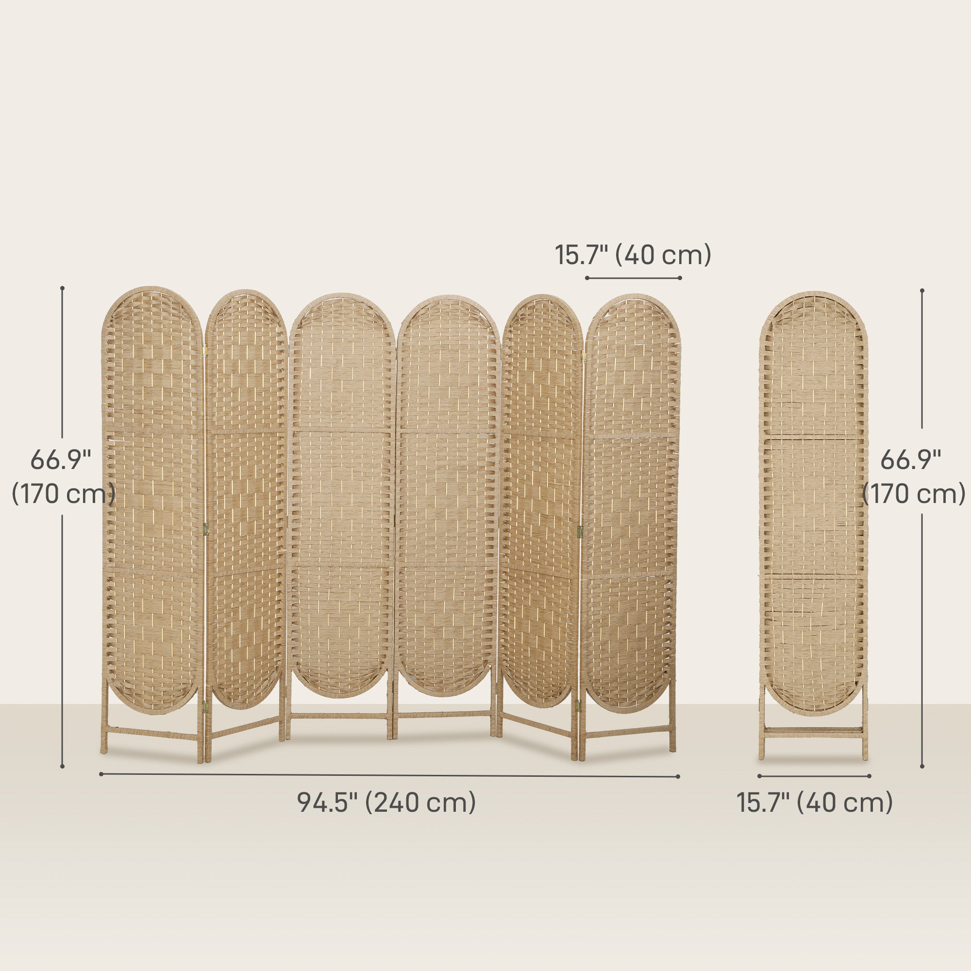 Bohemian Privacy Screen, Folding Room Divider with 6 Panels and Arched Top for Bedroom Living Room Office, Natural Wood