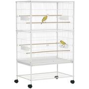 52'' Large Rolling Steel Bird Cage Bird House with Rolling Stand, Storage Shelf, Wood Perch, Food Container, White