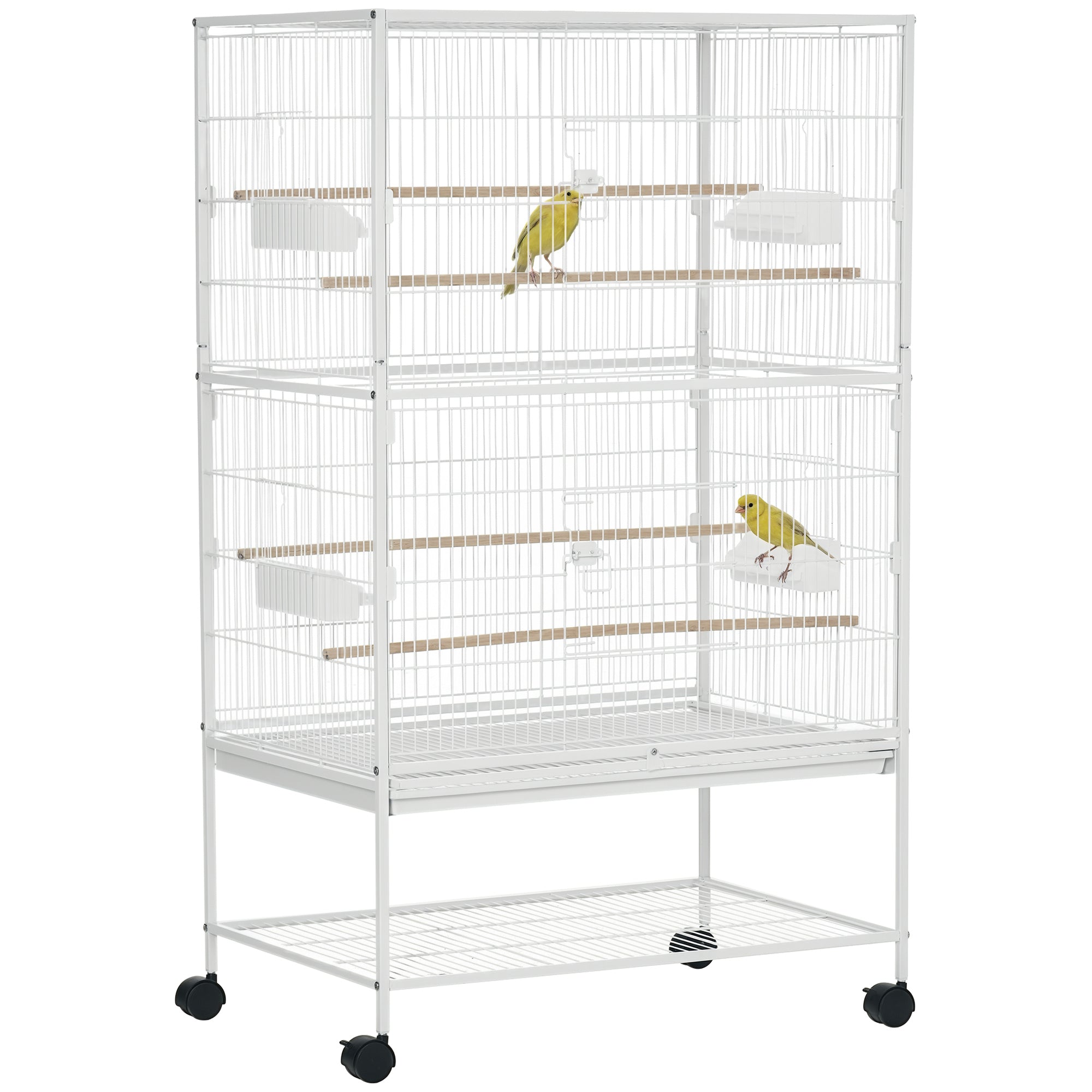 52'' Large Rolling Steel Bird Cage Bird House with Rolling Stand, Storage Shelf, Wood Perch, Food Container, White