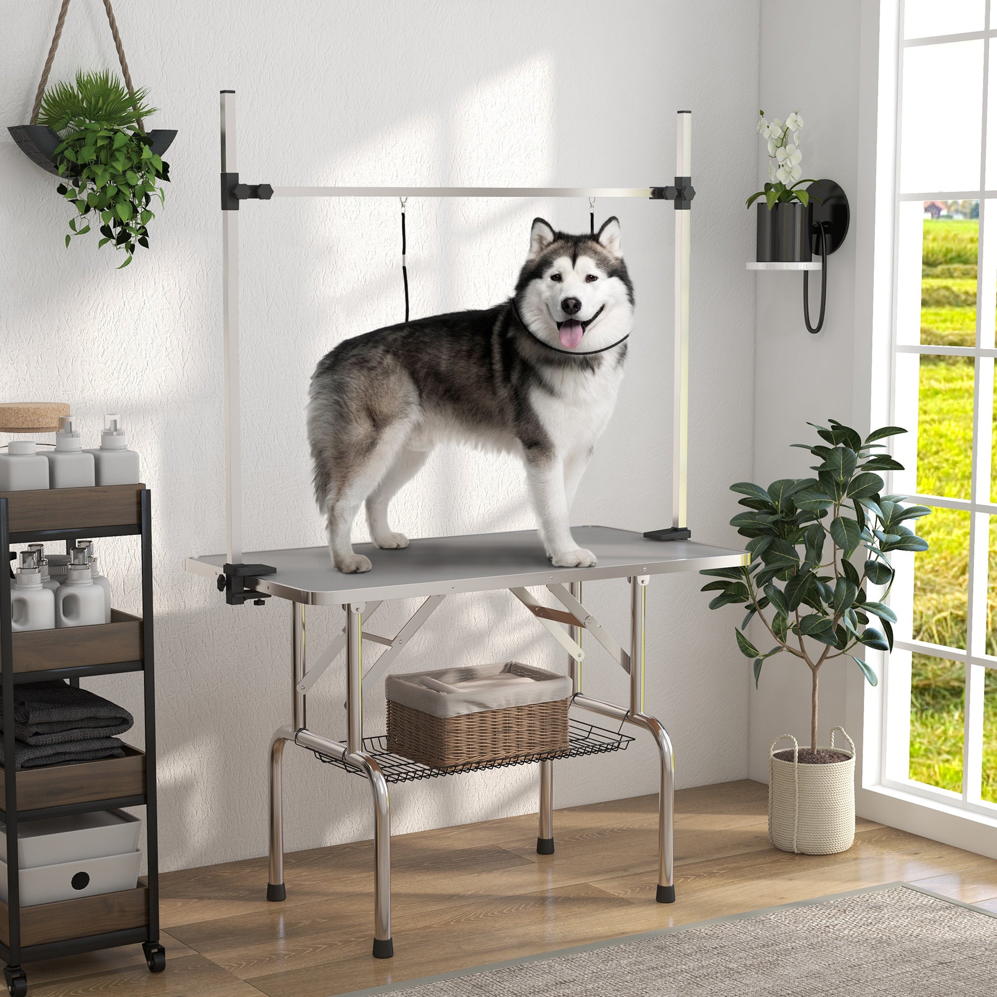 Adjustable Dog Grooming Table with 2 Safety Slings, Storage Basket, Grey