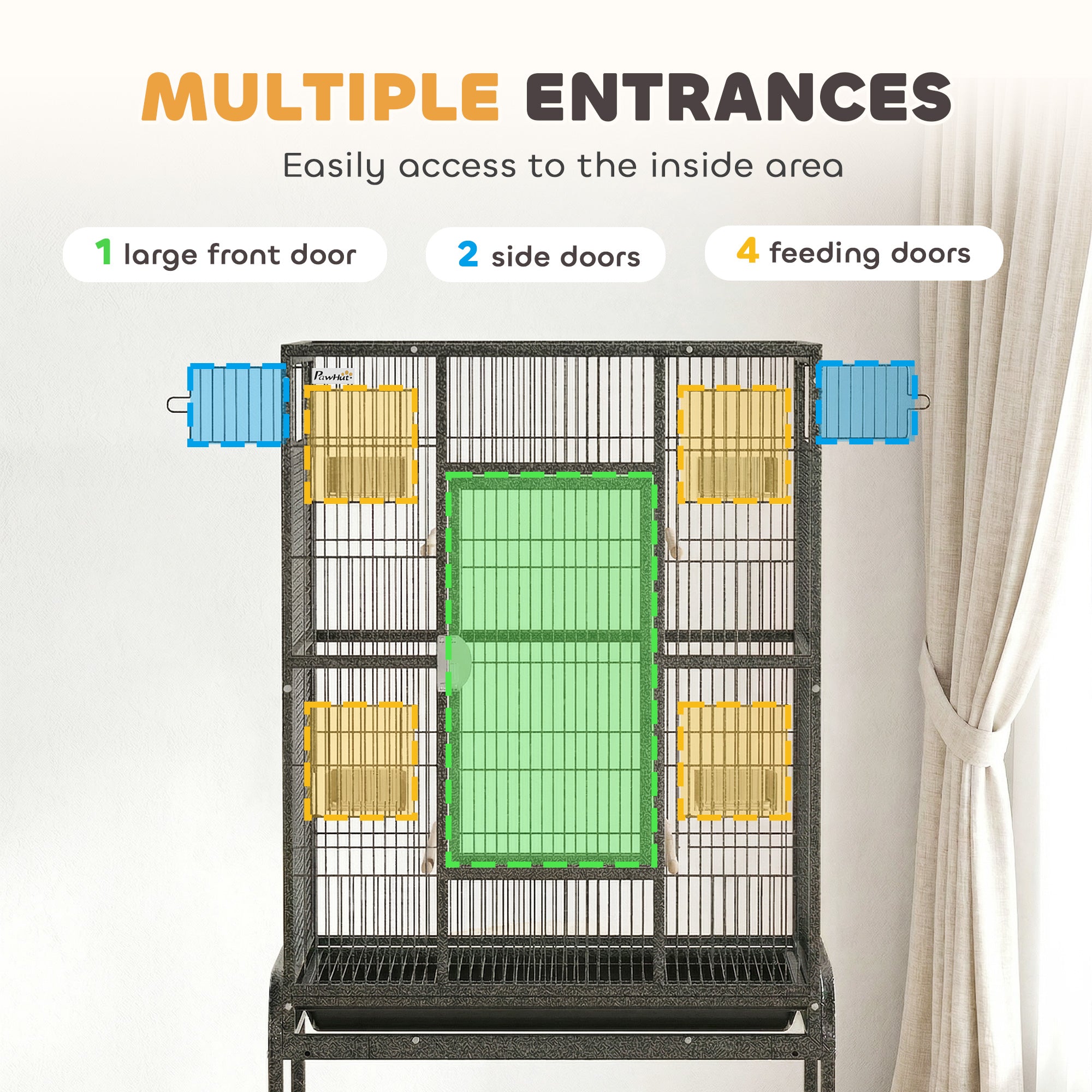56"H Bird Cage, Parrot Cage w/ Detachable Rolling Stand, Removable Tray, Storage Shelf, Perches, Food Container