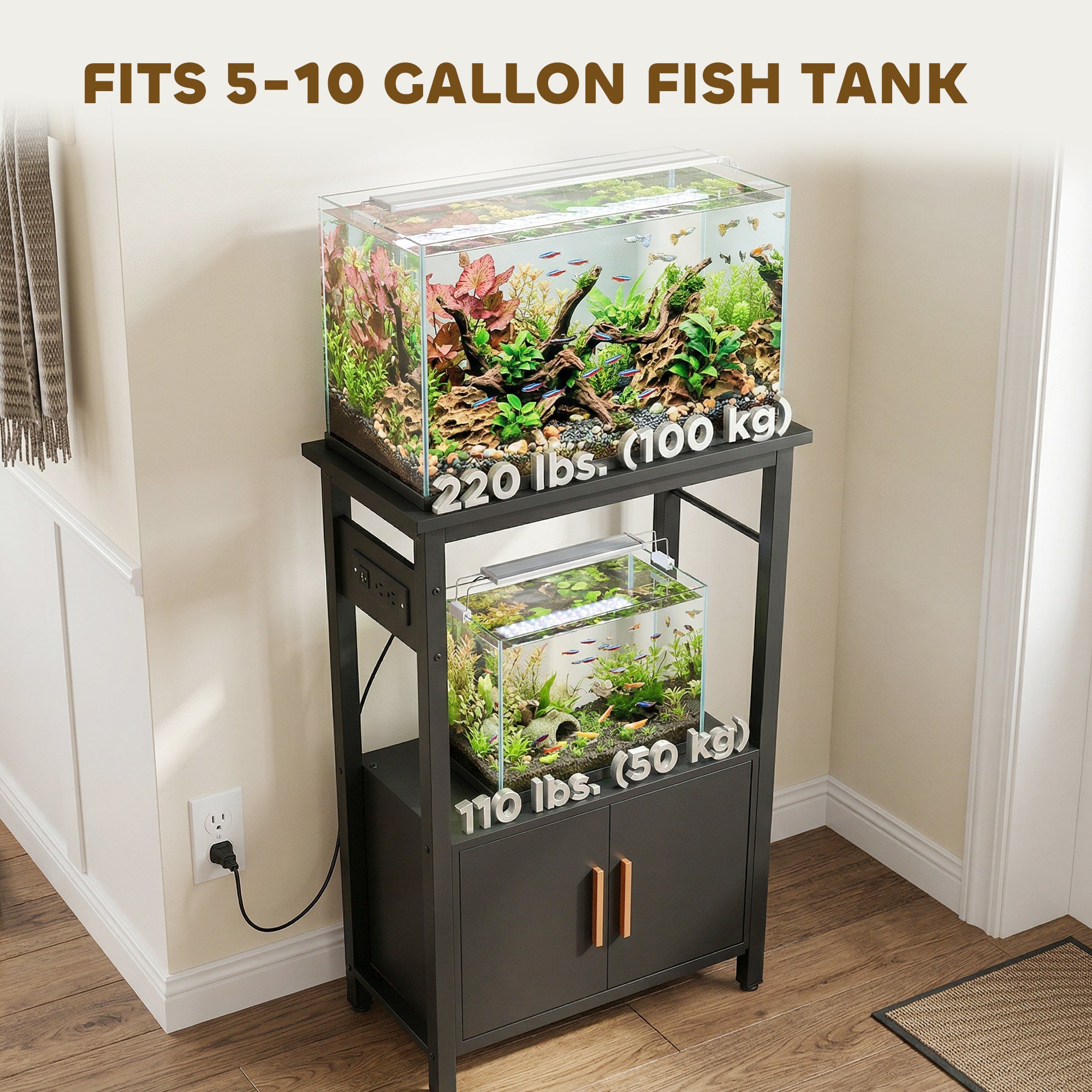 5-10 Gallon Fish Tank Stand Aquarium Stand with Power Outlets, Cabinet, Shelf, 550 lbs Capacity, 20.5" x 11" x 31.5"