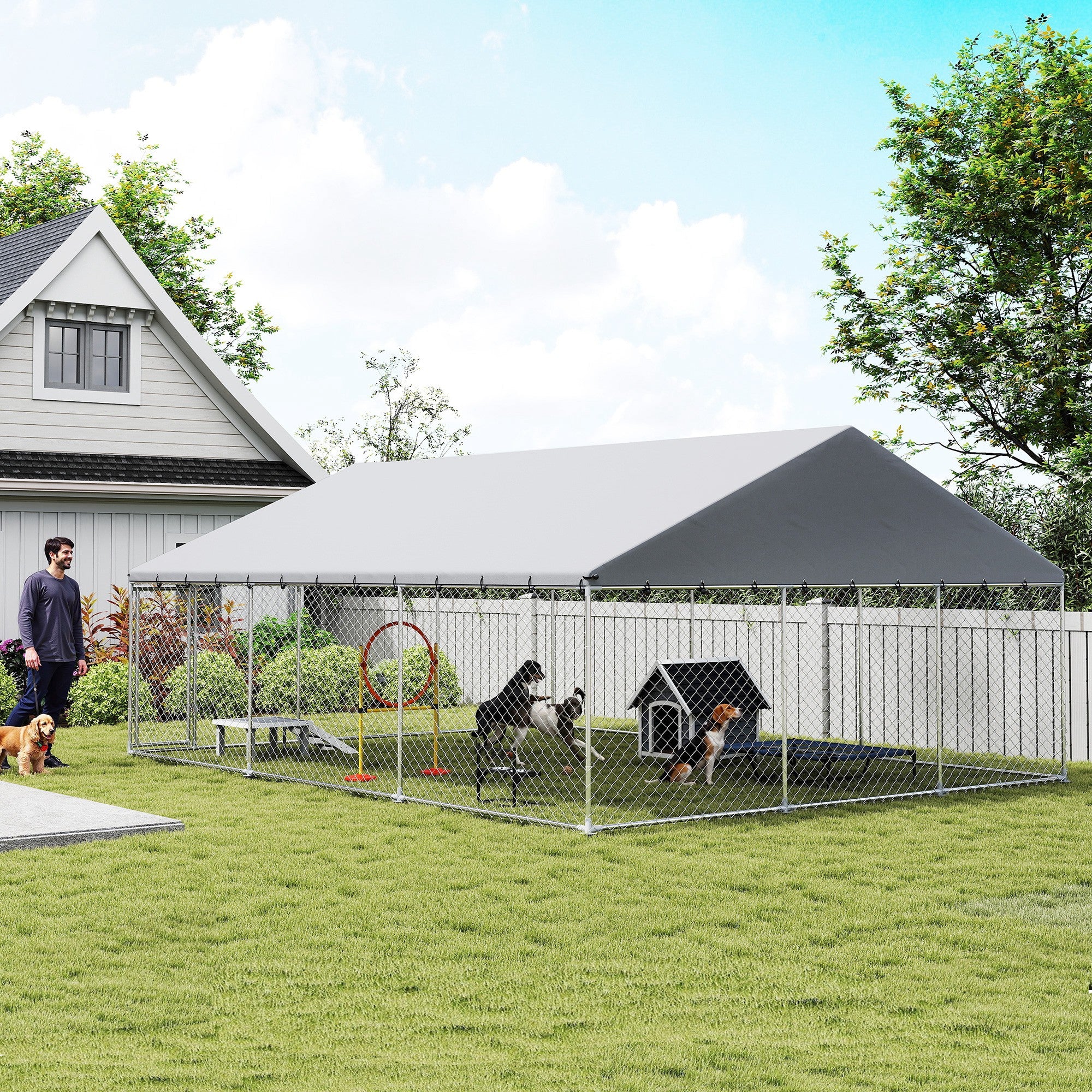 Galvanized Steel Outdoor Dog Kennel with Roof, Safety Locks, for Backyard, 19.7' x 14.8' x 7.9'