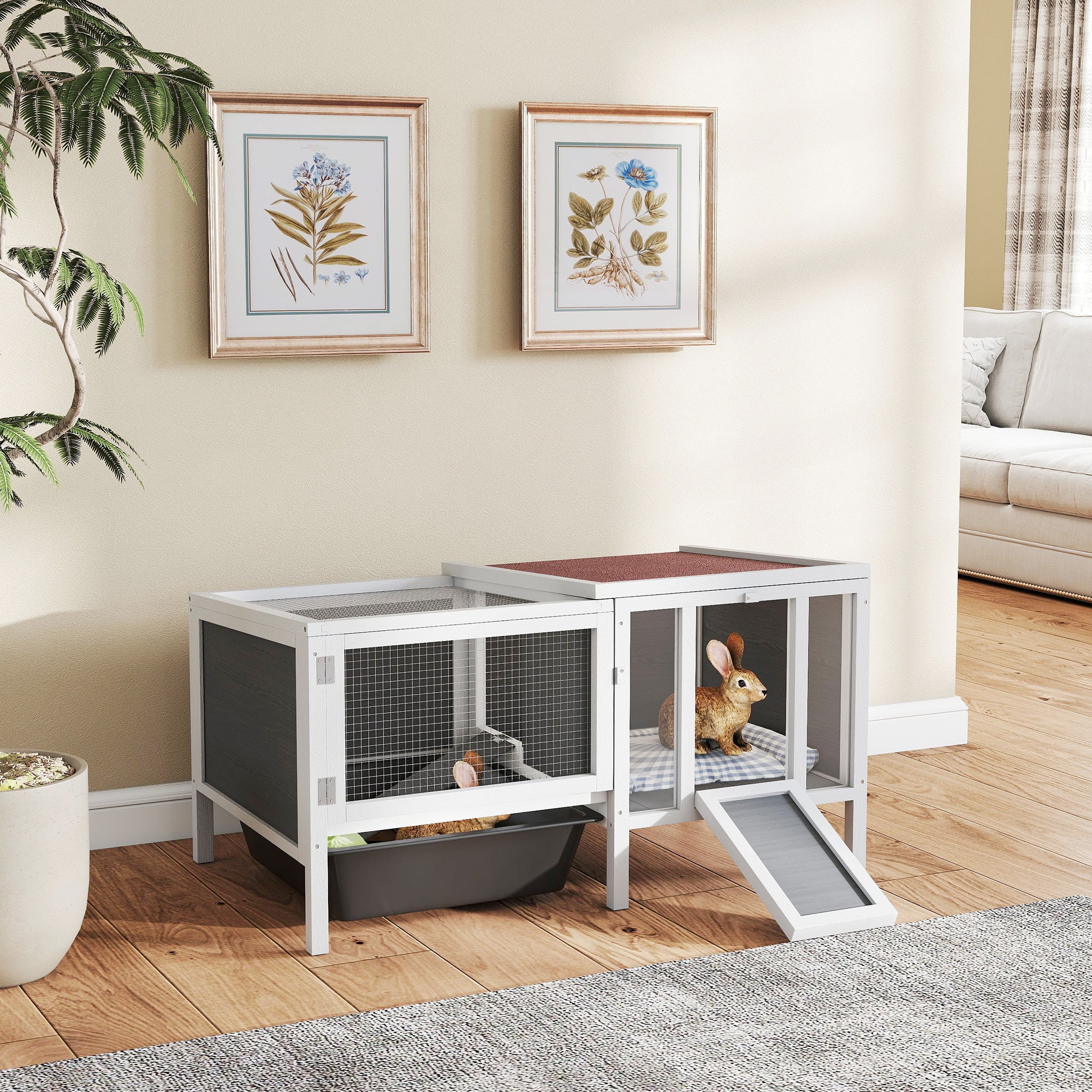Rabbit Hutch, Wooden Guinea Pig Cage with Run, Openable Top, Pull Out Tray and Ramp, Water-Resistant Roof, Grey