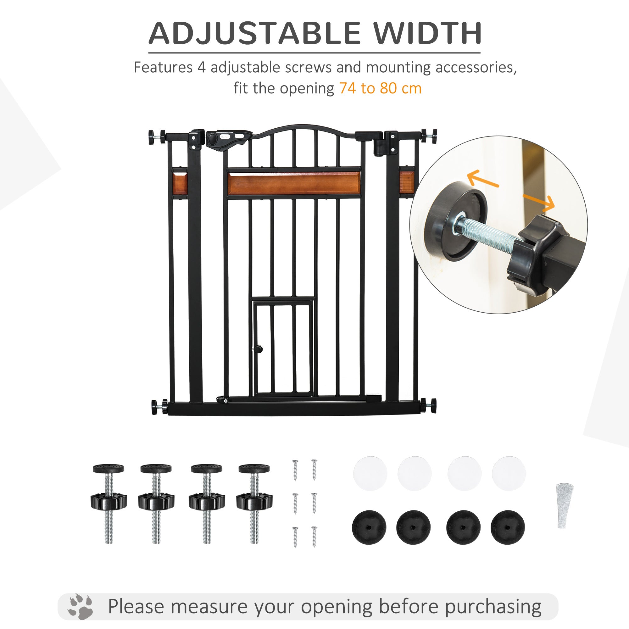 Barrière extra-large pour chien de 29.1'' à 31.5'' avec chatière, barrière d’escalier de 30"H avec extension, coupelles murales, fixation par pression, fermeture automatique, double verrouillage, pour portes, couloirs et escaliers, noire