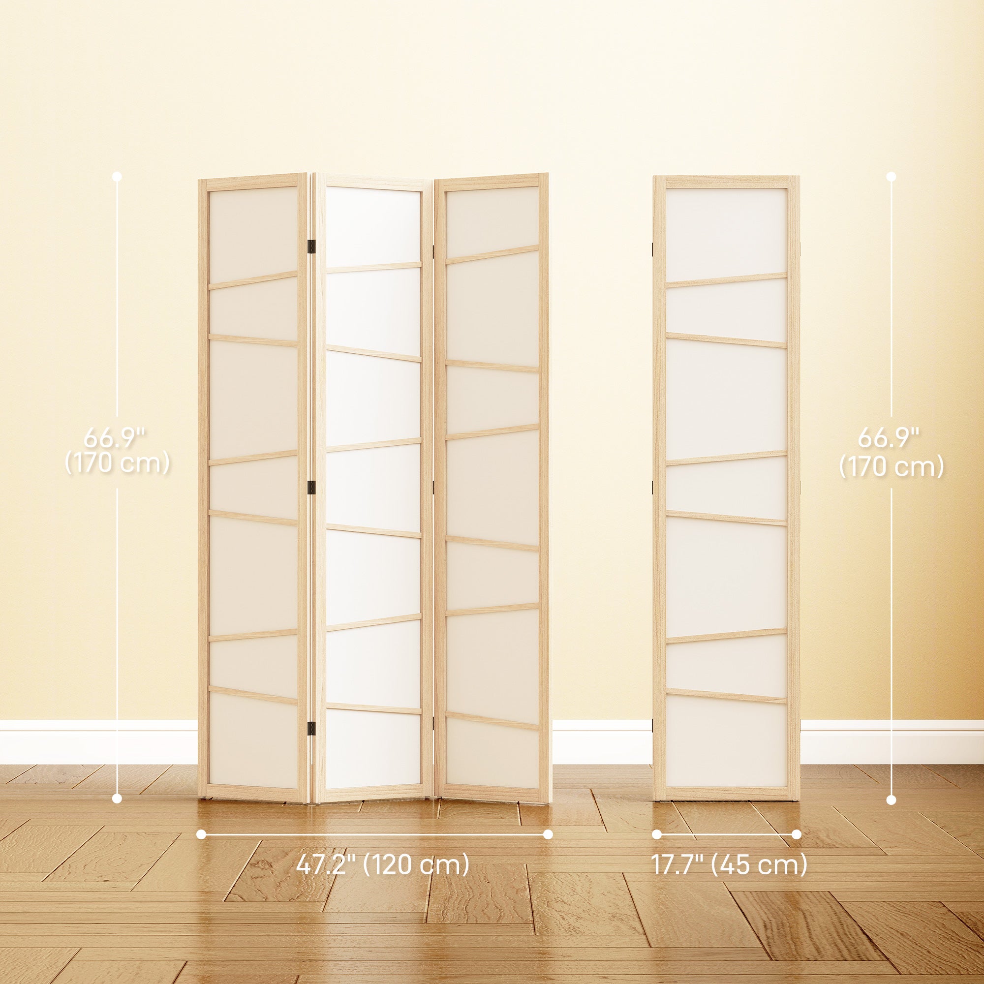 66.9" Folding Room Divider, 3 Panel Wall Partition with Wood Frame for Bedroom, Home Office, Natural Wood