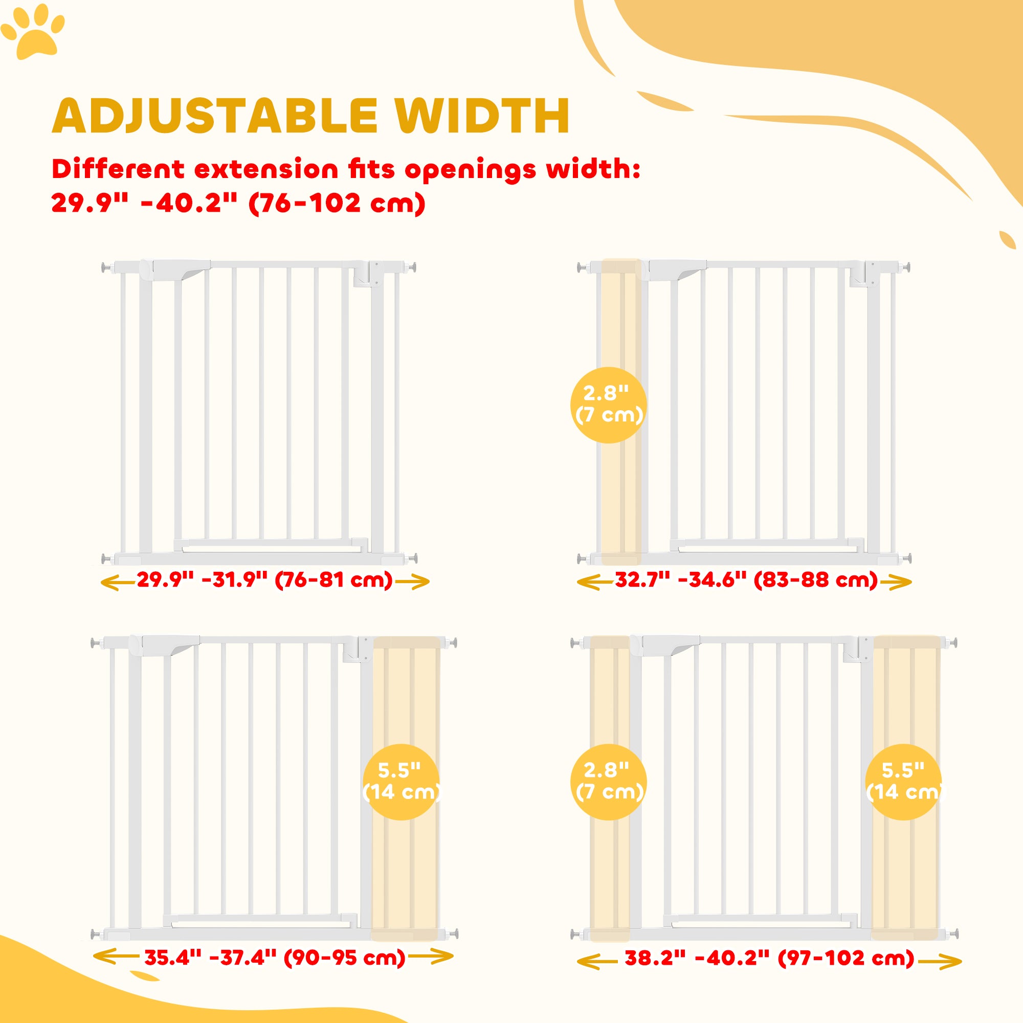 Baby Gate, Pet Safety Gate Pressure Fit, Wide with Two-Way Open, Auto-Close for Stair, Doorways, Hallways, 30"H, White