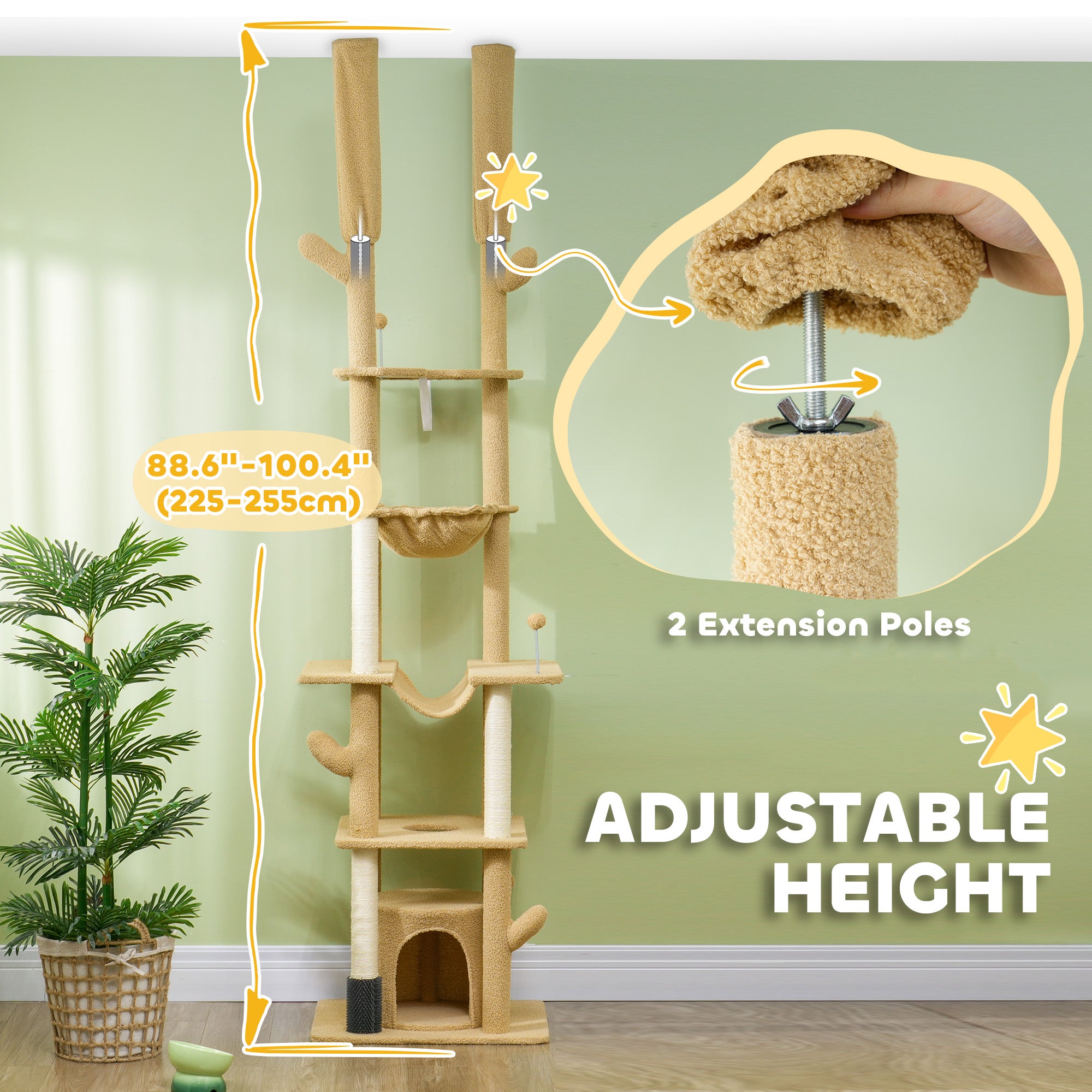 89"-100" Floor to Ceiling Cat Tree Cat Tower for Large Cats w/ Scratching Posts, Grooming Brush Post, Cat Condo, Brown