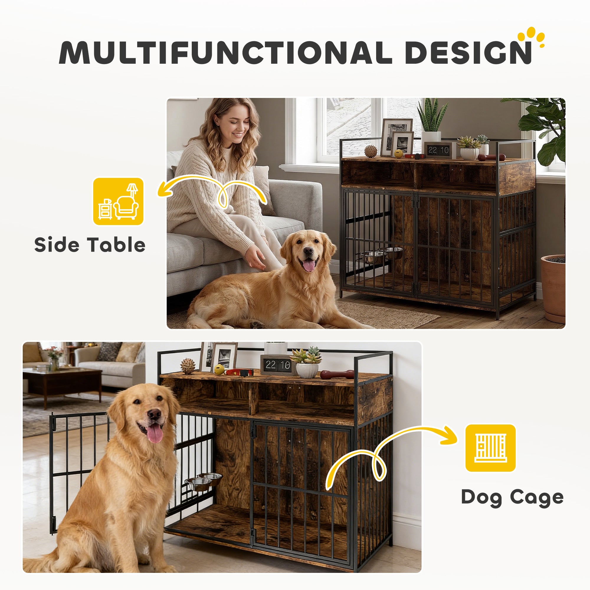 Dog Crate Furniture with Rotating Feeding Station Dog Kennel End Table Storage Shelves, Rustic Brown