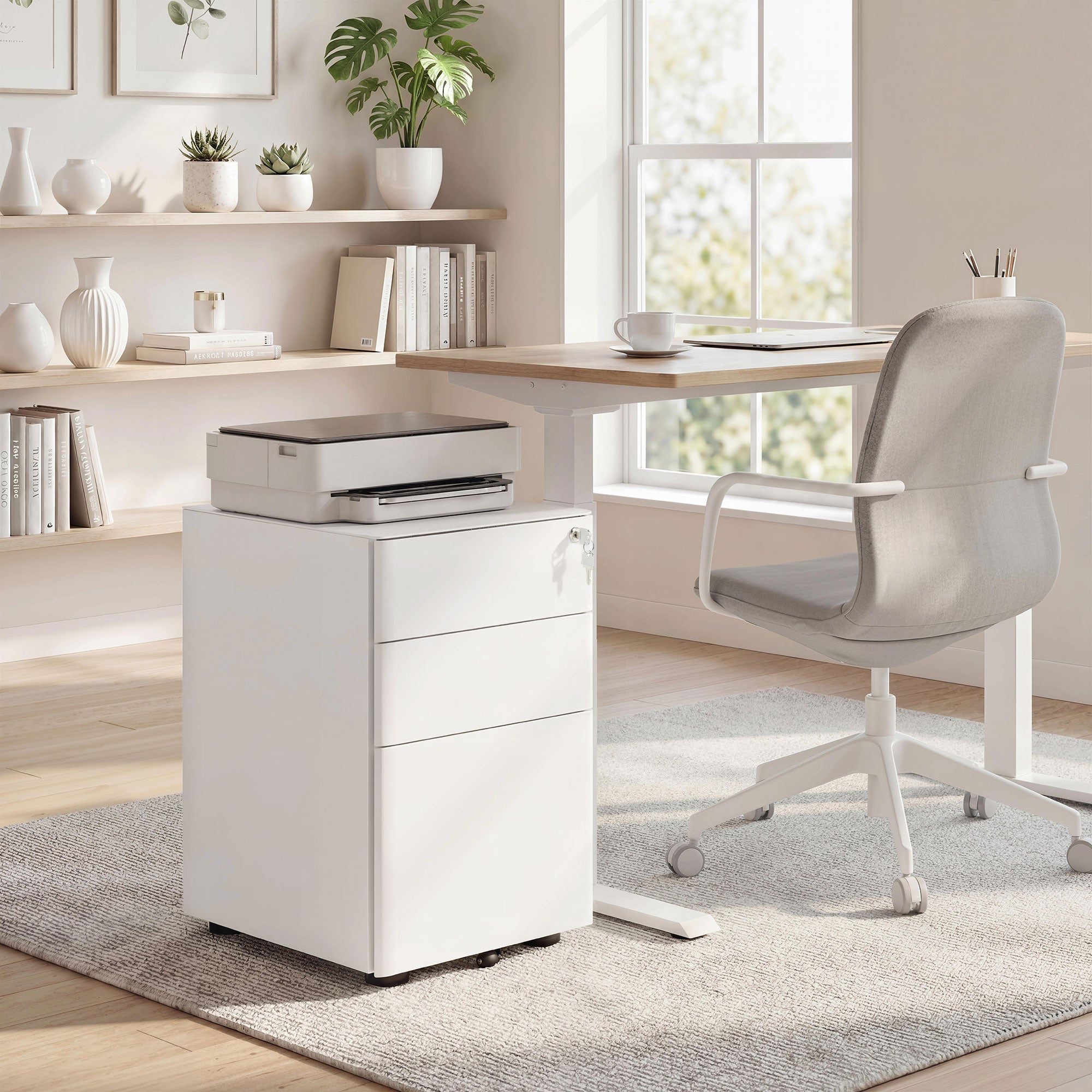 3-Drawer Steel Filing Cabinet with Lock and Wheels - White