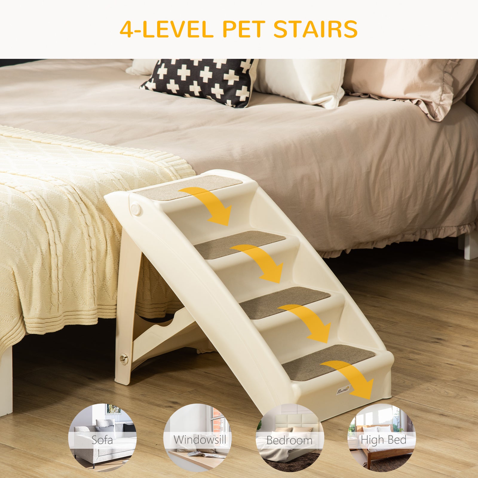 Escalier portable pour chiens à 4 niveaux, marches pliables pour petits chiens, marches légères pour chats, avec tapis doux antidérapants, pour lit haut et canapé, beige