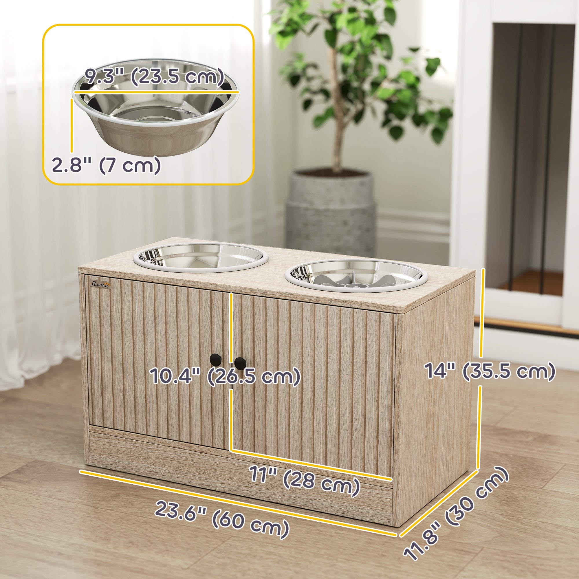 Raised Dog Bowls with Storage, Slow Feeder,  2 Stainless Steel Food and Water Bowl Non-Slip, Oak