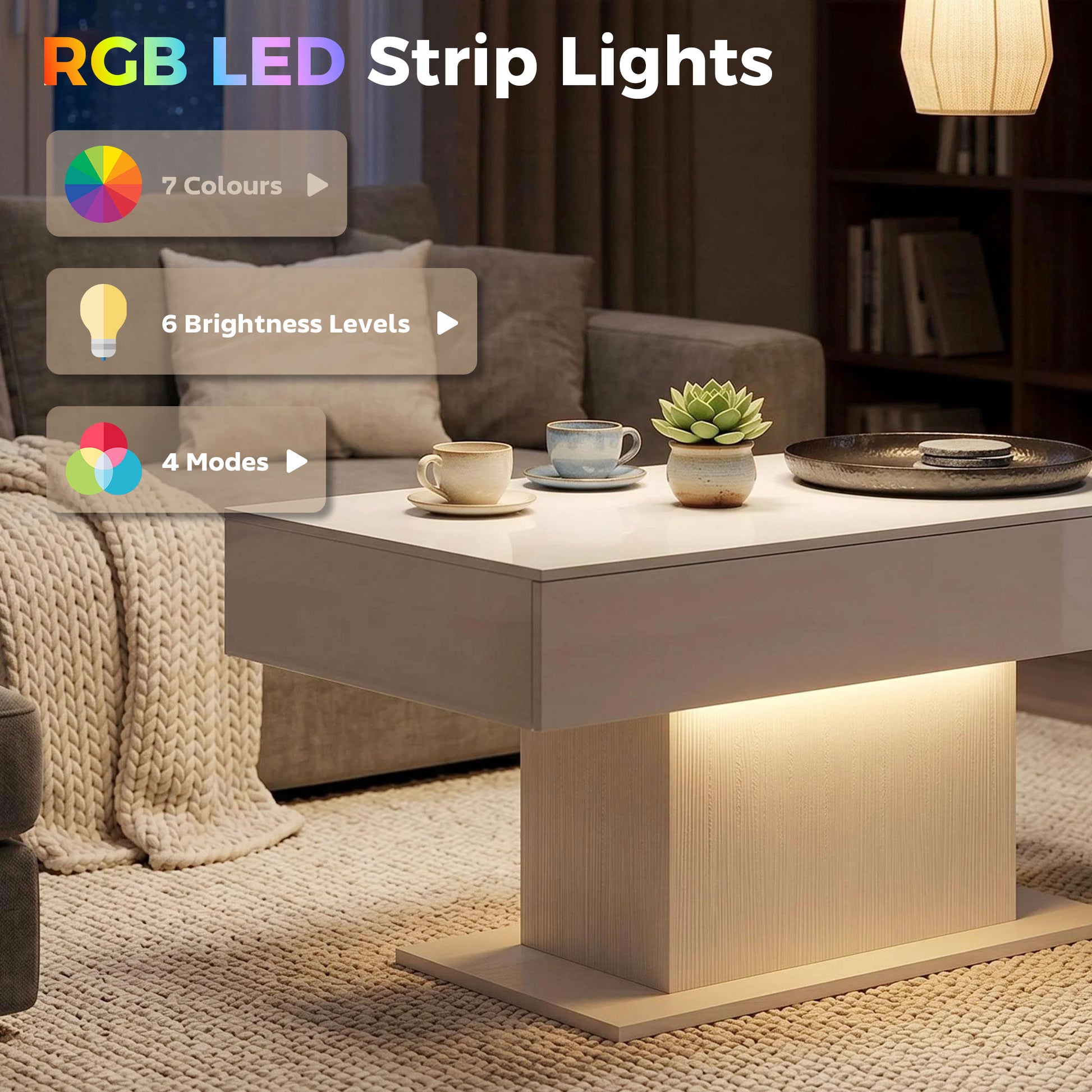 LED Coffee Table with Storage, High Gloss Modern Center Table with 2 Drawers and Remote Control for Living Room, White-Home Furnishings > Living Room Furniture > Coffee Tables-DECOROLALA