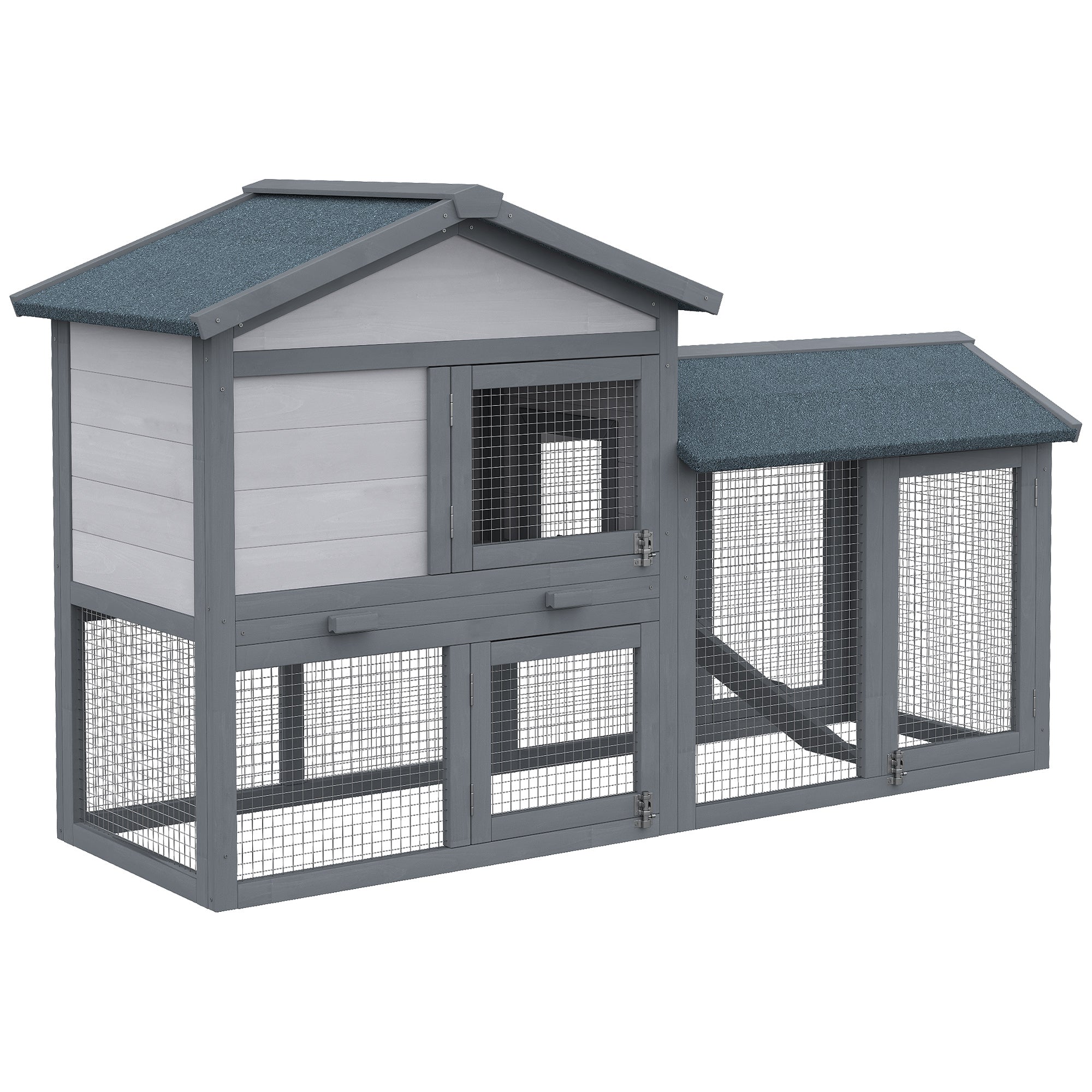 Clapier en bois pour lapin, cage extérieure pour petit animal, toit en asphalte avec rampe et enclos extérieur, gris foncé