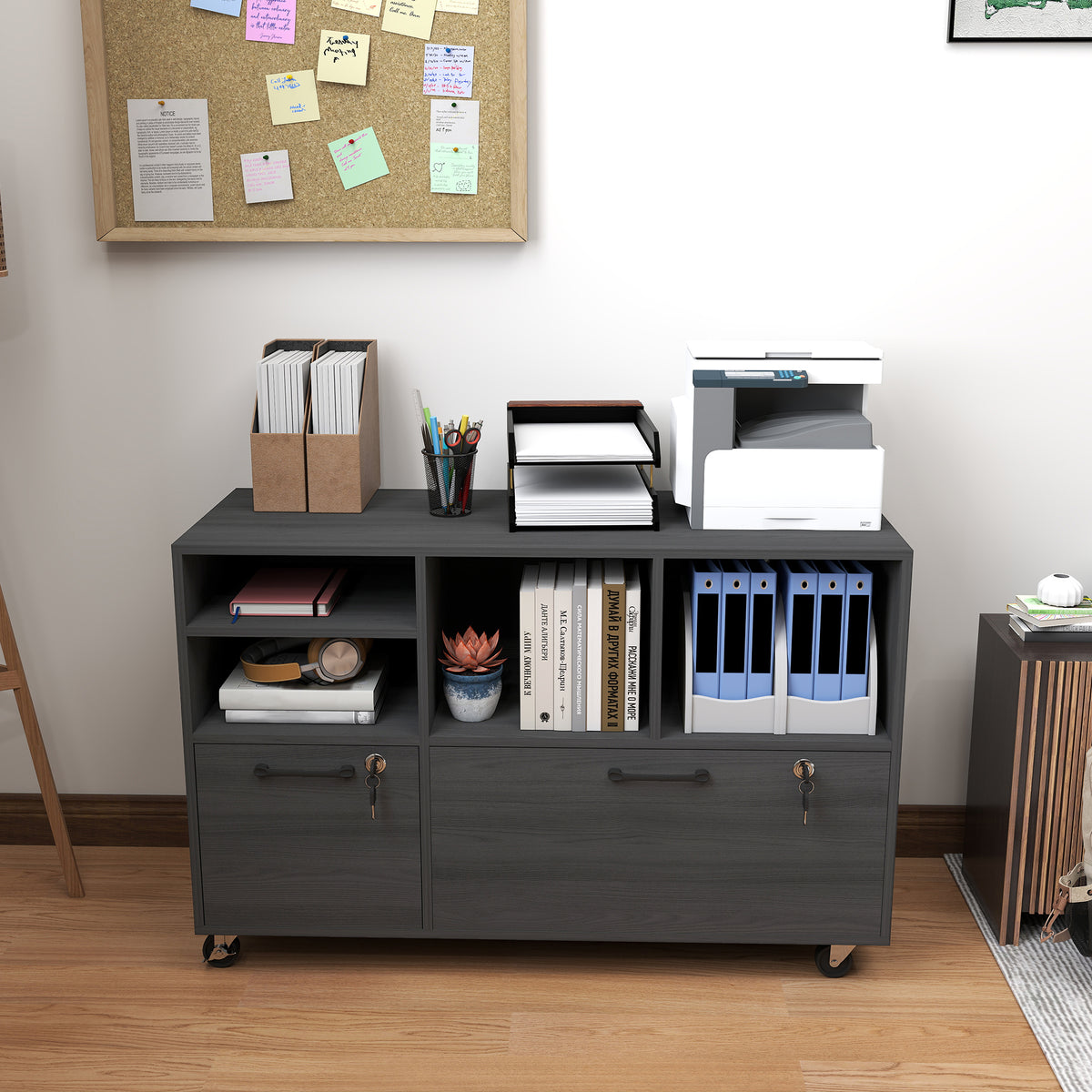2-Drawer Mobile File Cabinet with Charging Station - Black