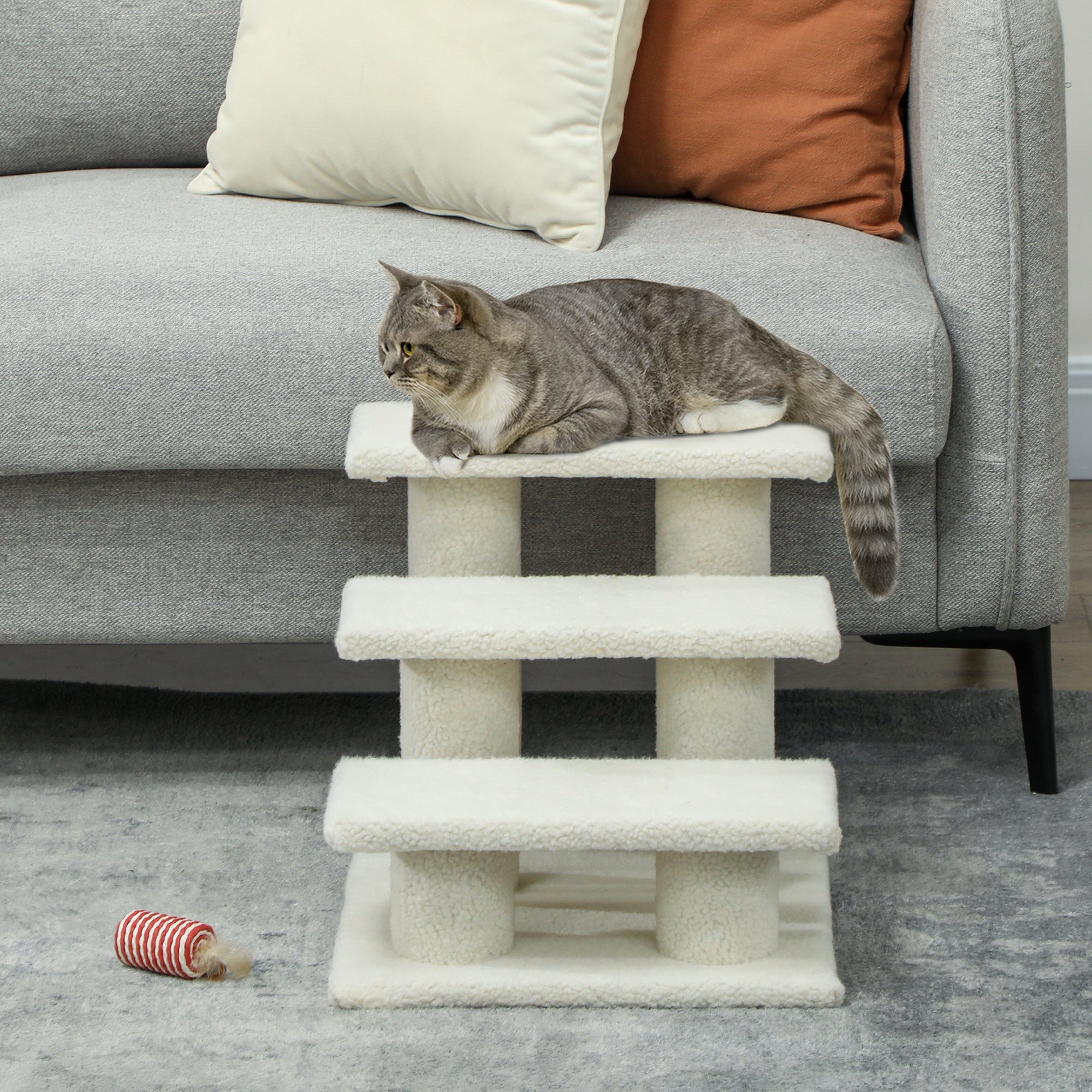 Escalier pour animaux à 3 marches de 18", poteau à griffer et meuble pour chien et chat, beige