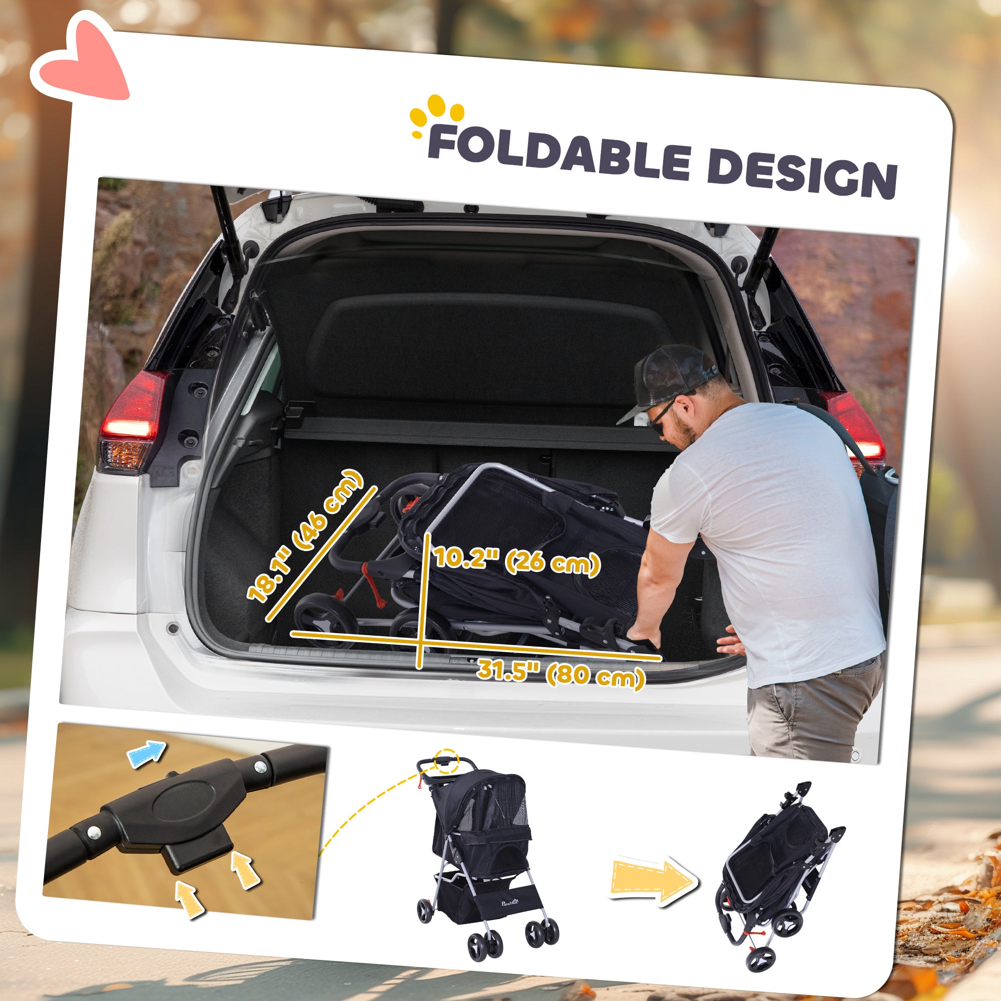 Cat Dog Stroller, One-click Foldable Pet Stroller w/Cup Holder, 4 Wheels Travel Carrier w/Brakes, 360° Swiveling Front Wheels, Storage Basket, for XS/Small Dogs Cats, Black