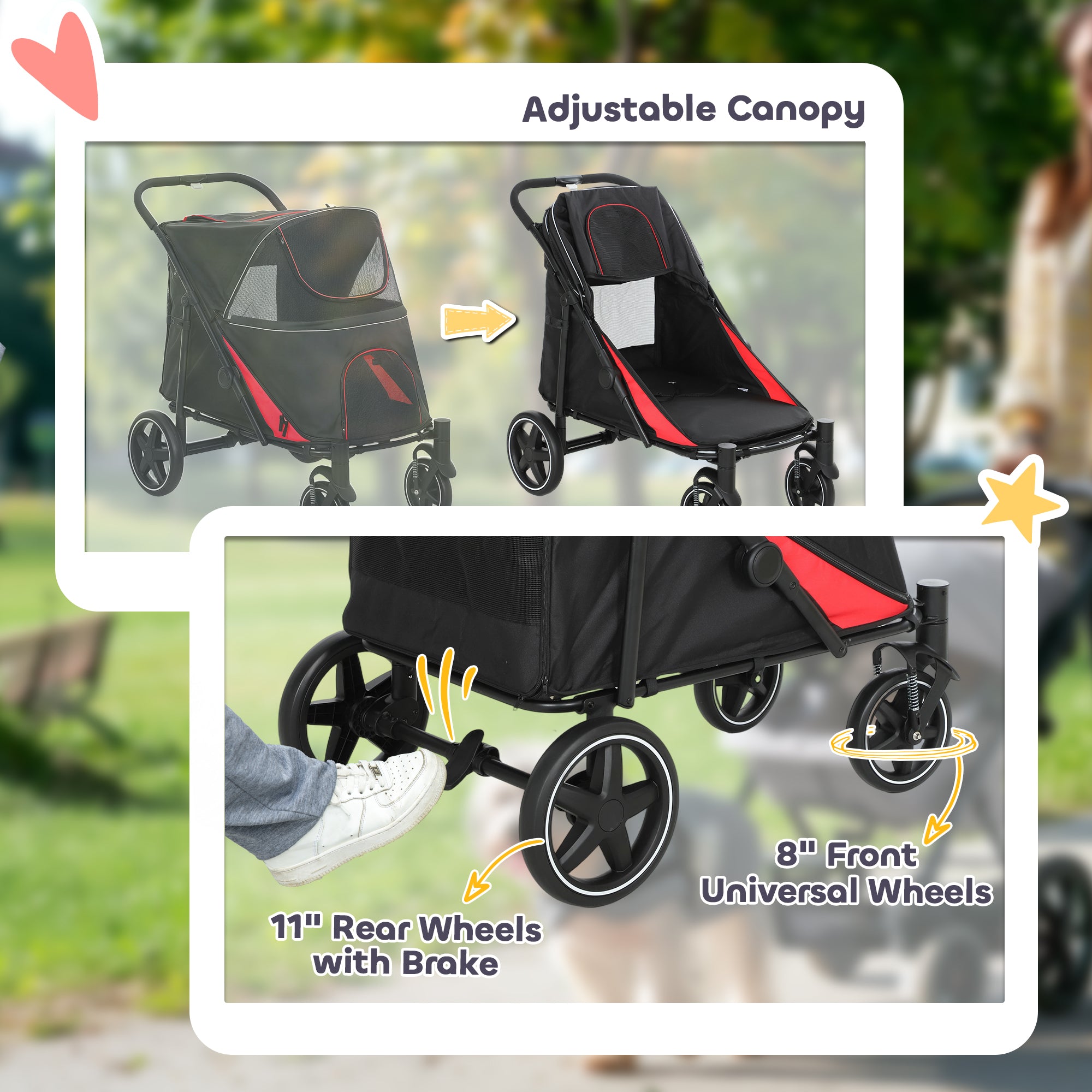Foldable Pet Stroller with Universal Front Wheels, Shock Absorber, Dog Cat Carriage for Large & Medium Dogs, Black